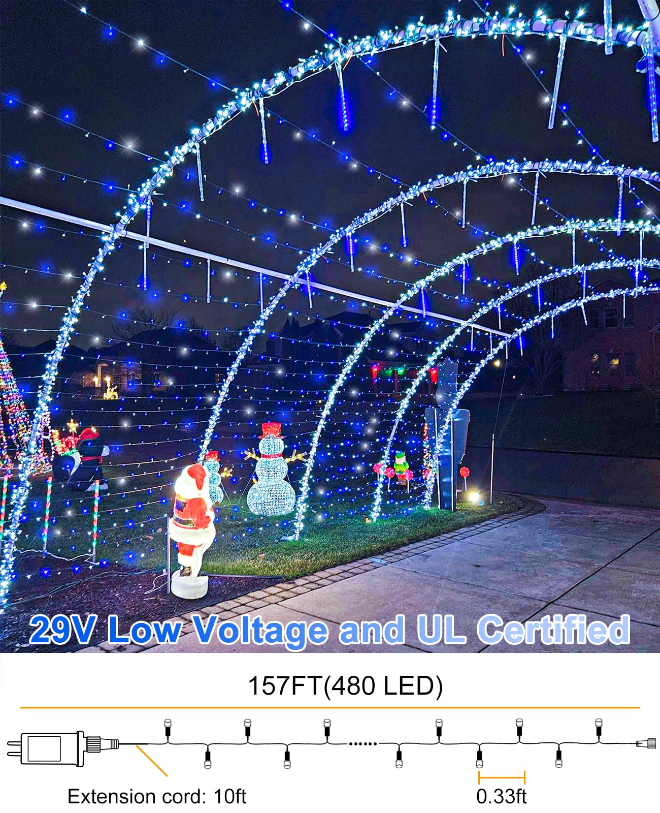 157Ft 480 Led Christmas Lights Outdoor  Christmas Tree Lights Waterproof  8 Modes Plug In Fairy String Light For Indoor Bedroom Garden Patio Xmas Party Decorations  Blue White