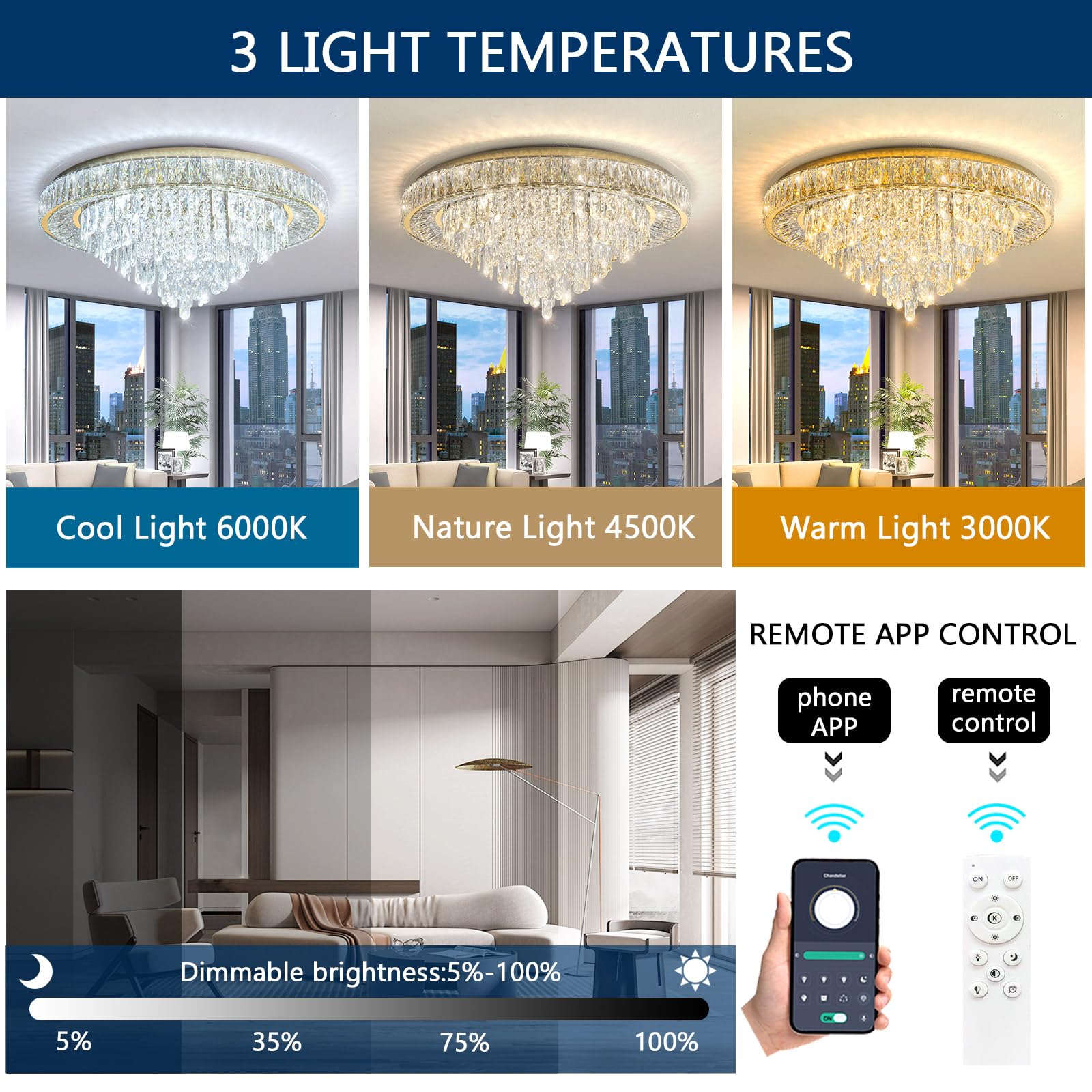 dolria Modern Crystal Chandelier LED Dimmable Pendant Light Fixture 31.5'' Gold Flush Mount for Living Room, Dining Room, Bedrooms, Foyer