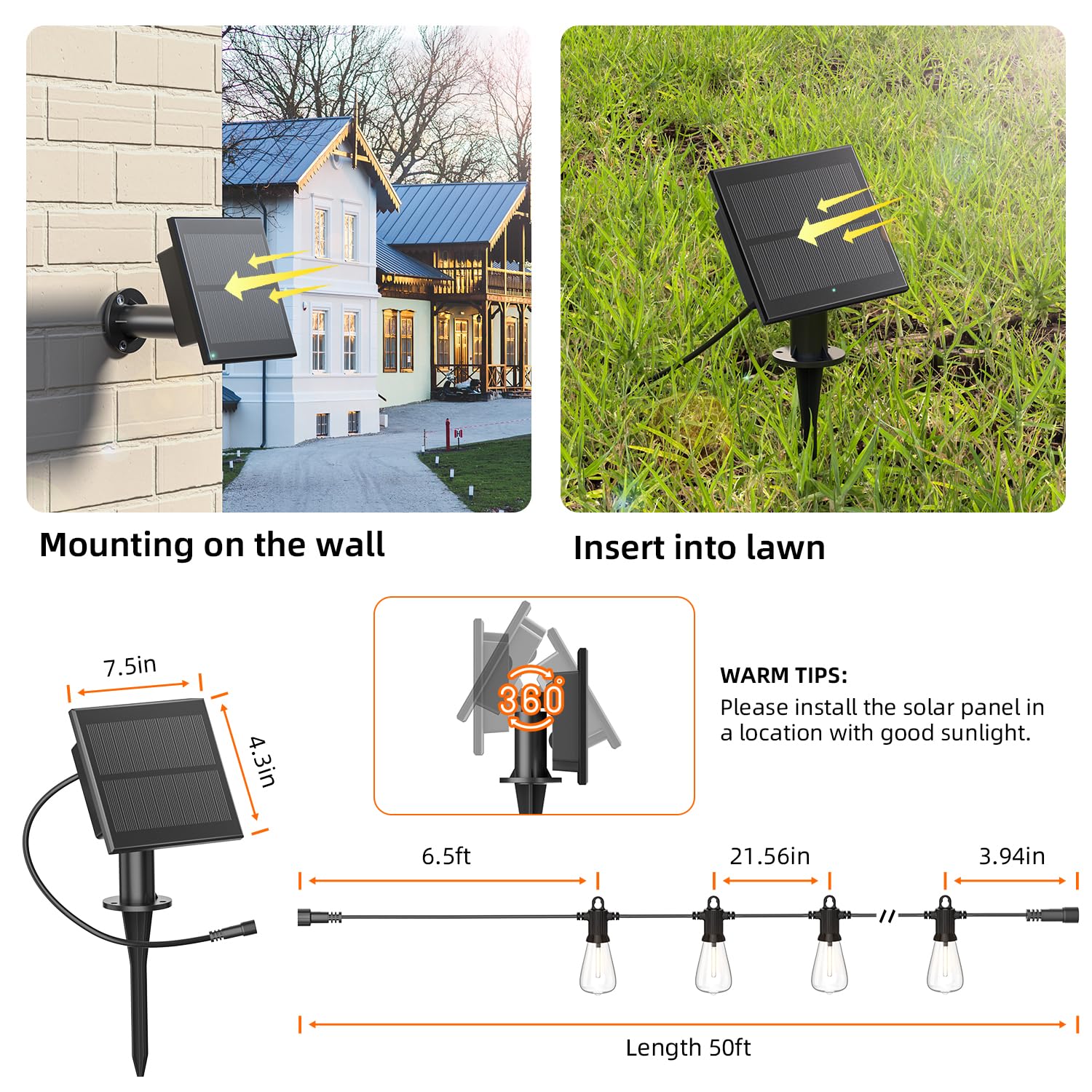 Kawaya Solar Powered String Lights, 50FT, 25+2 Edison Bulbs, USB-Charging, IP65 Waterproof, Black, Model YAST38-50FT