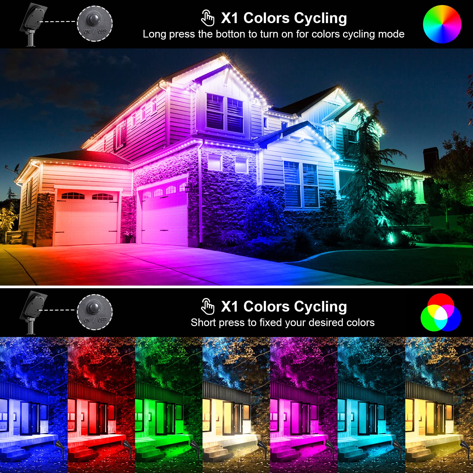 T-SUNUS Solar Landscape Spotlights, Color Changing, 2 Pack, Waterproof, Model TS-G0102-7C, Multicolor