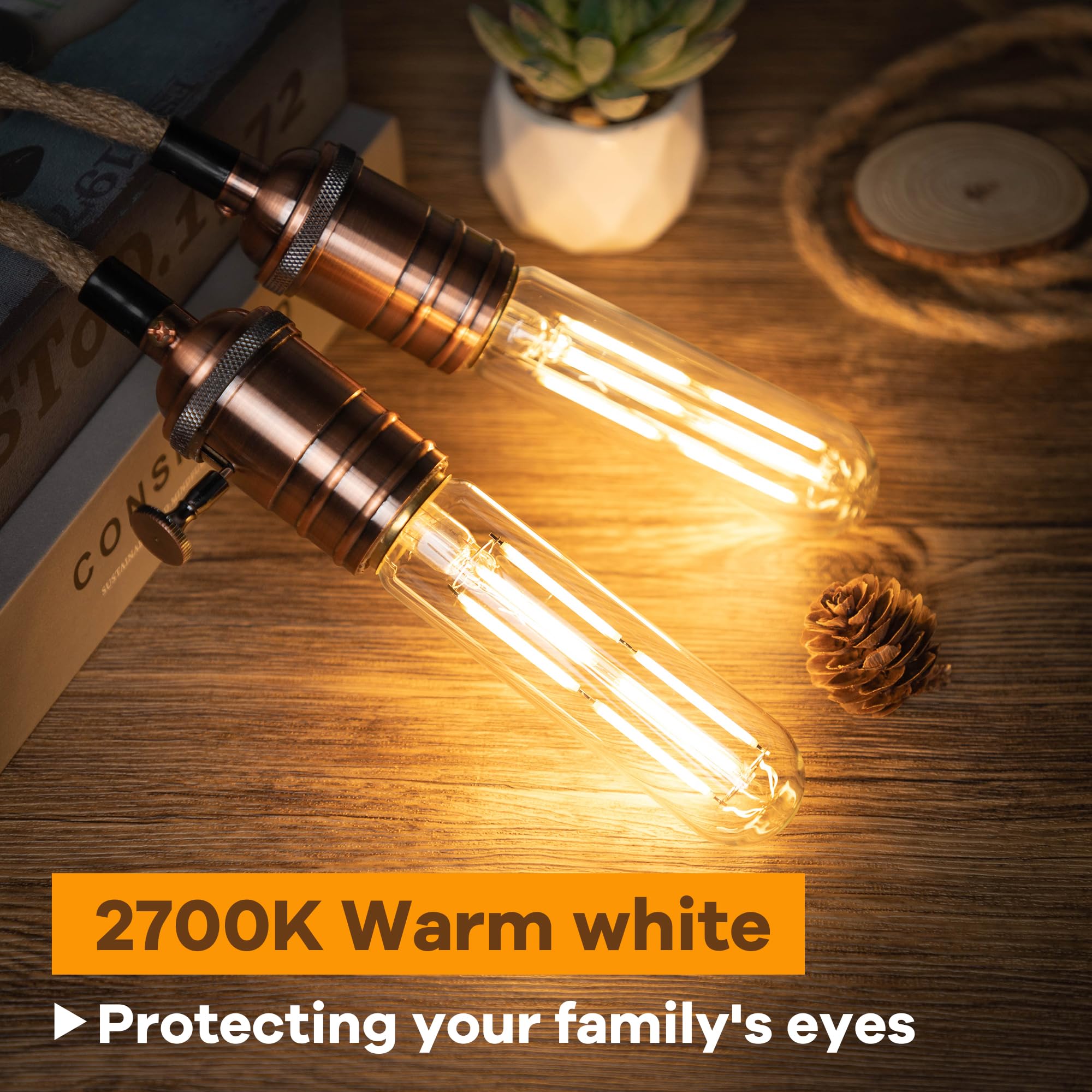 Grensk Tubular Led Light Bulbs 60 Watt,T10 E26 Tube Light Bulbs Dimmable 6W,Warm White 2700K Vintage Edison Led Filament Bulbs,6