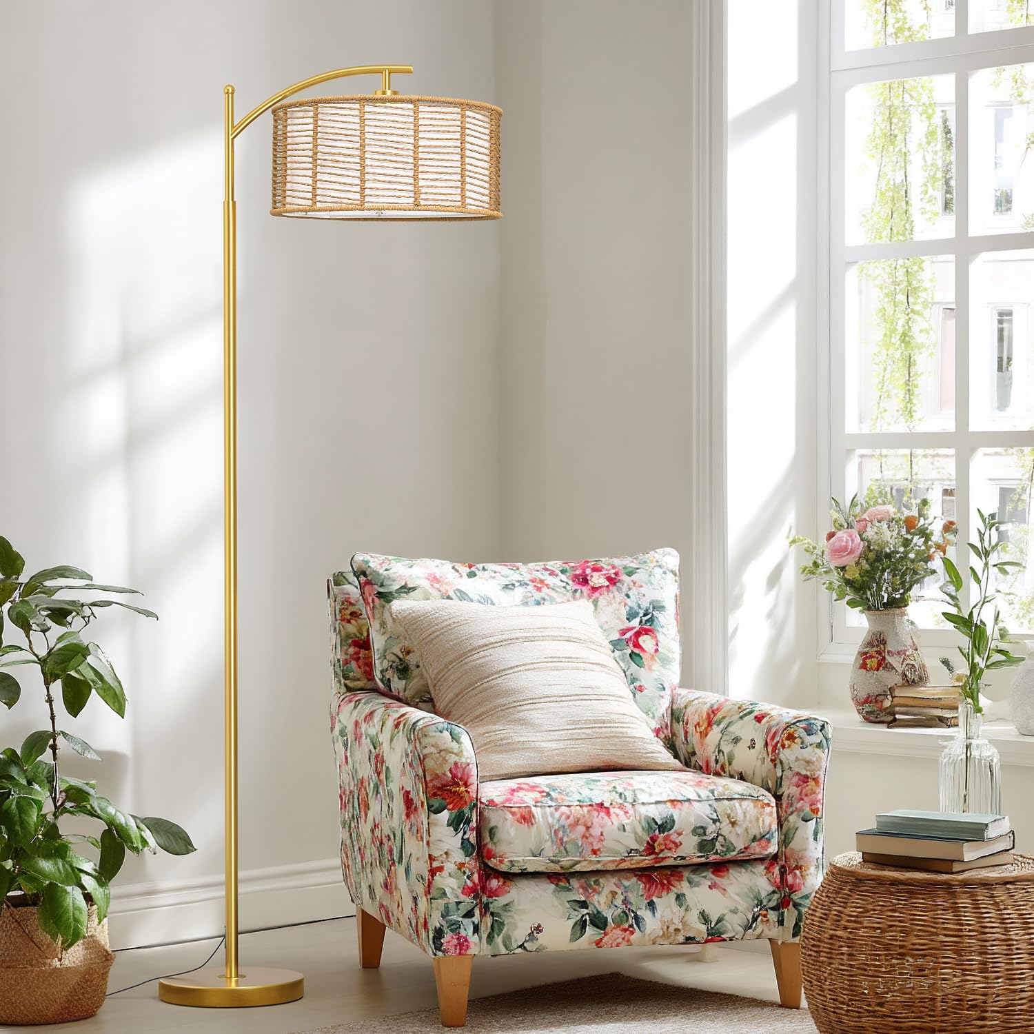 Oneach 62.5'' Gold Arc Floor Lamp For Living Room, Rattan Boho Floor Lamp With Remote And Dimmable Bulb, 3 Color Temperatures, F