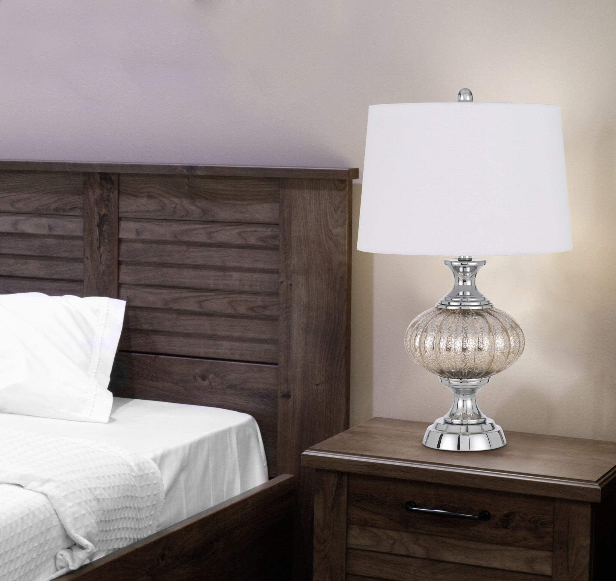 HomeRoots 27 in. Silver Metallic Metal Table Lamp with White Empire Shade, Model 524730