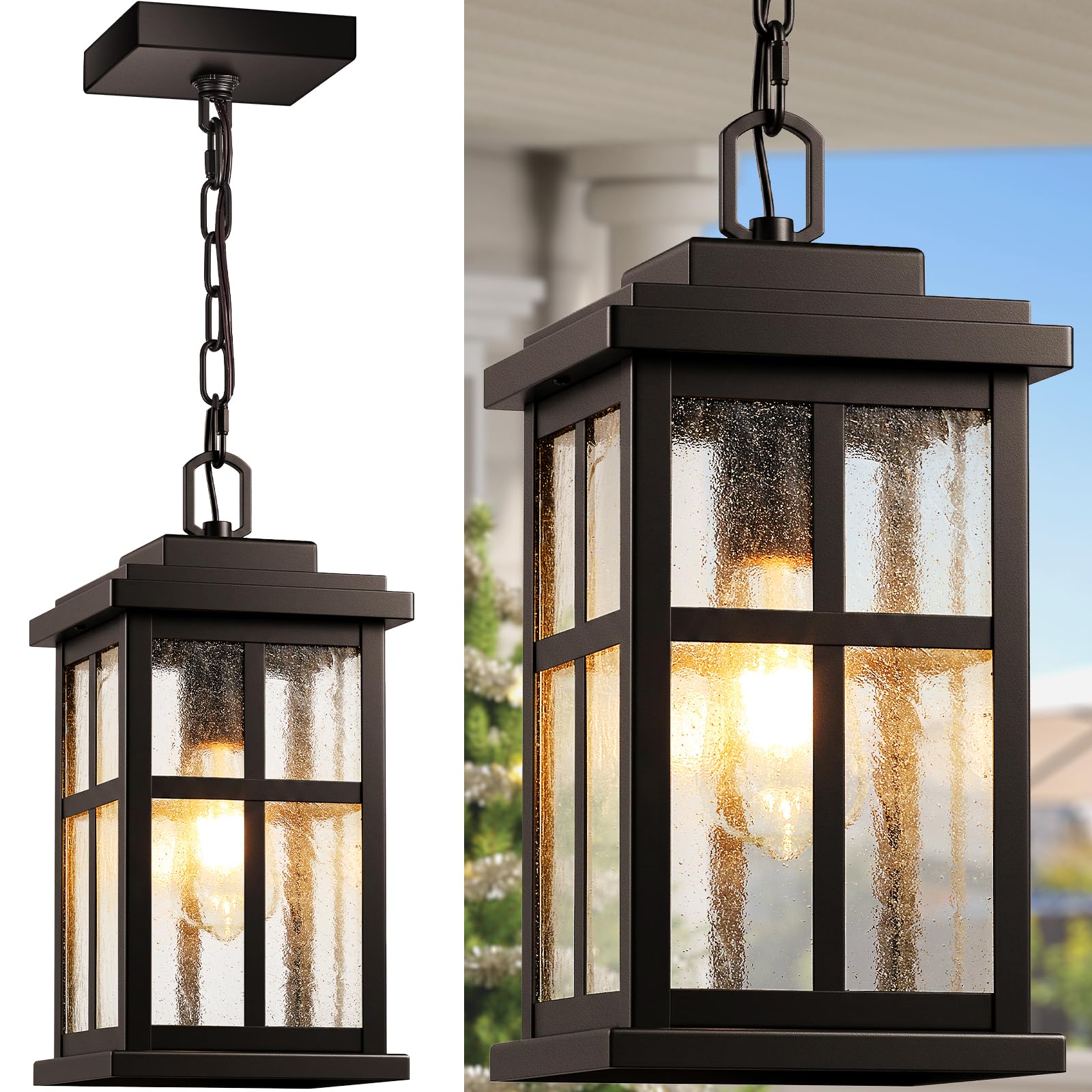 VIANIS Large Outdoor Pendant Lights for Porch  Oil Rubbed Bronze Farmhouse Hanging Porch Lights Outdoor with Tempered Glass  Anti-Rust Waterproof Exterior Chandelier for Patio with Adjustable Chain