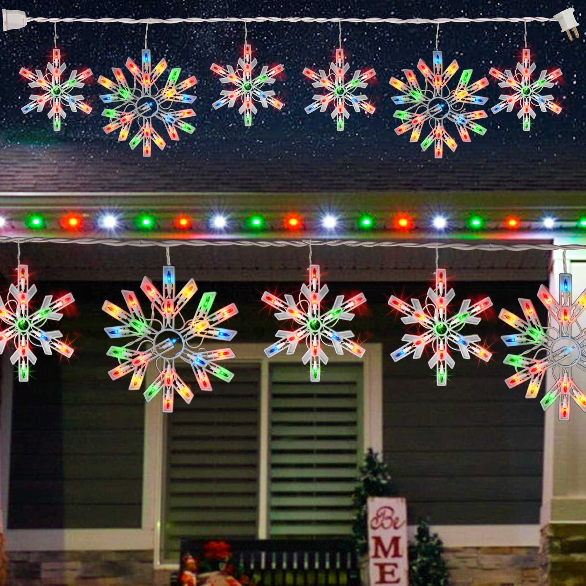 Dazzle Bright Christmas Snowflake Lights Outdoor,100 Count 8.5FT Connectable Waterproof Christmas Icicle Lights with 6 Drops Plu