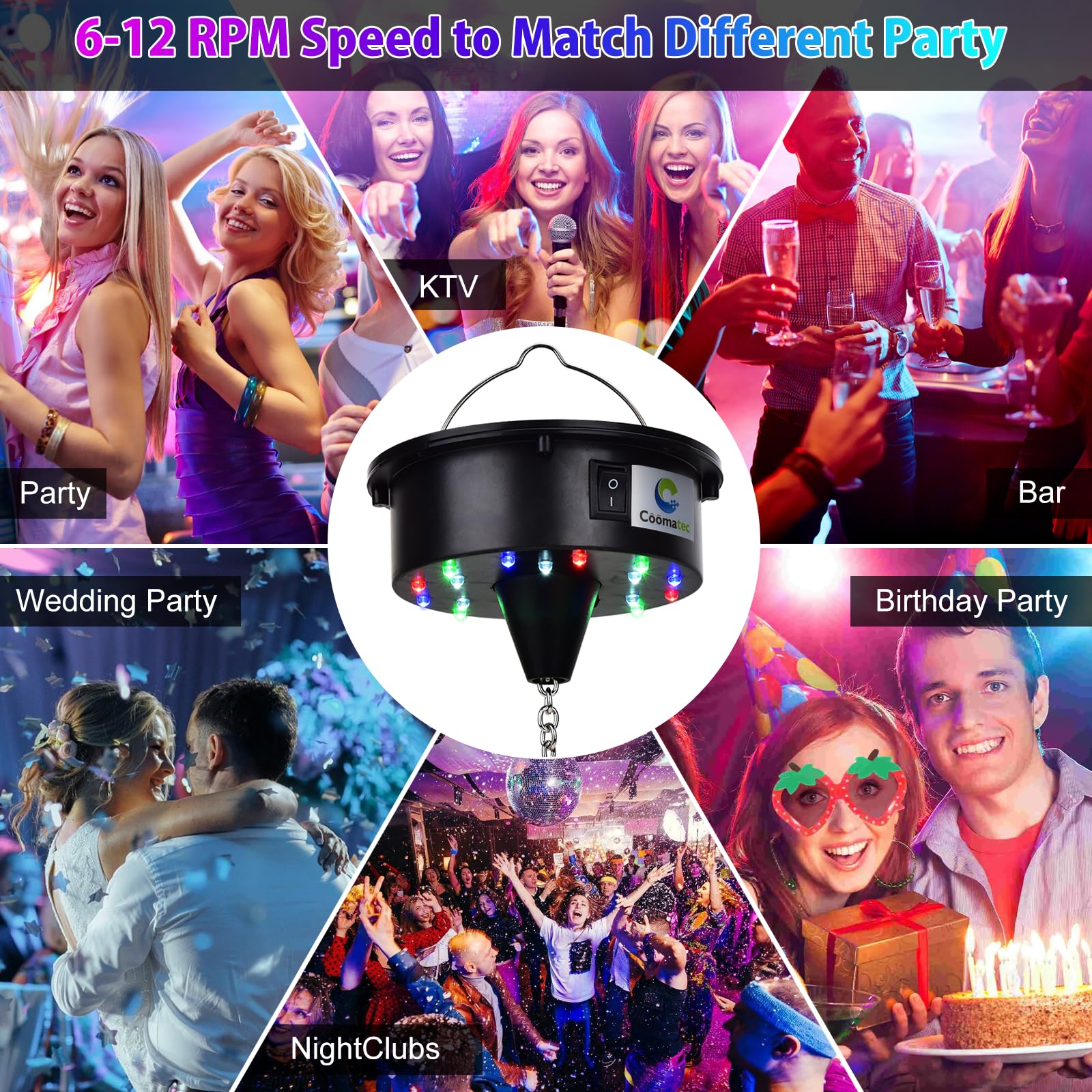 7 Hanging Disco Ball with Motor and Light, Rotating Spinner with Remote Control, 4 Light Colors and 18 LEDs for 70s 80s Party DJ