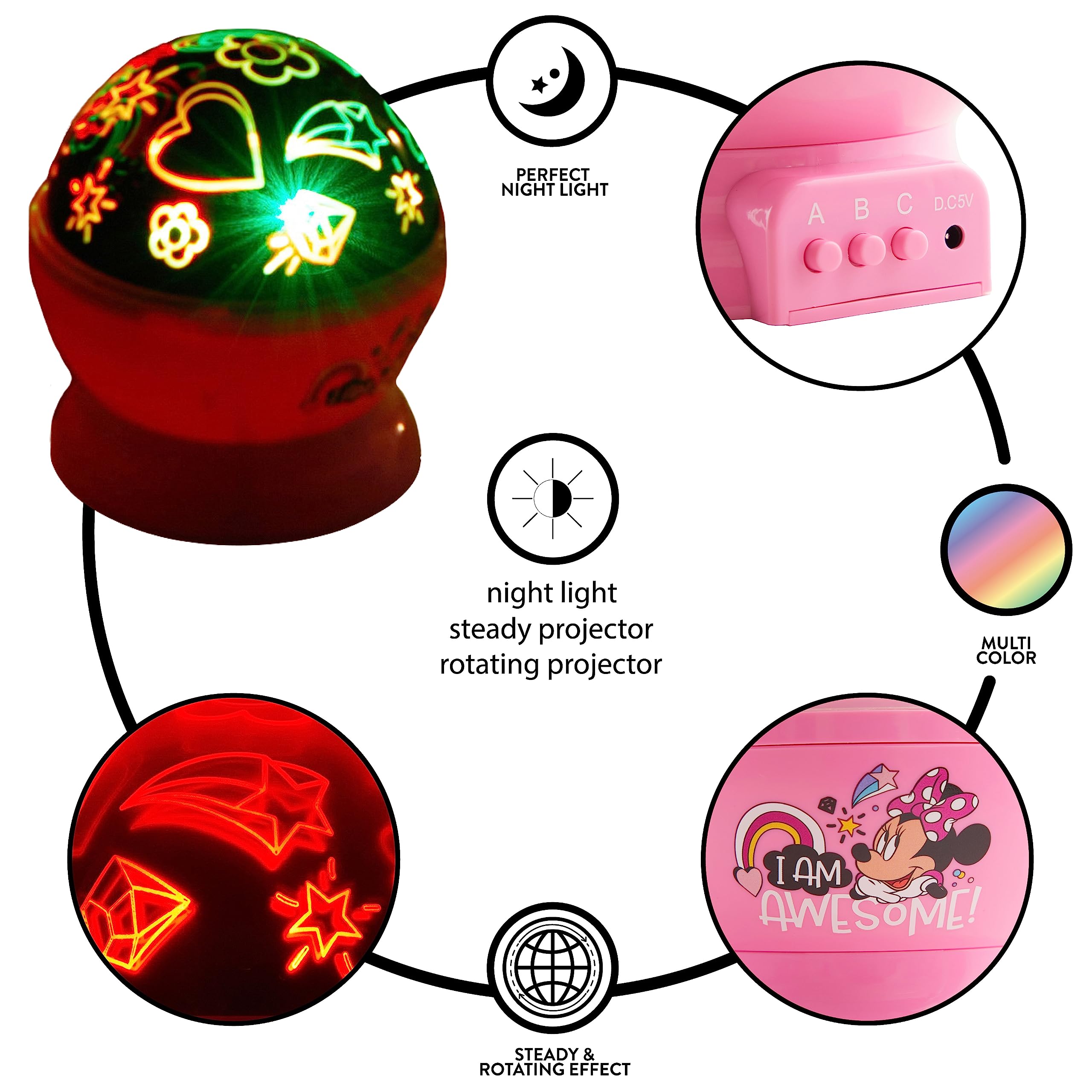 Idea Nuova Disney Minnie Mouse Kids Lamp - Rotating LED Projection Nightlight, 4.88"x4.88"x5.5", Plastic, Model K321716