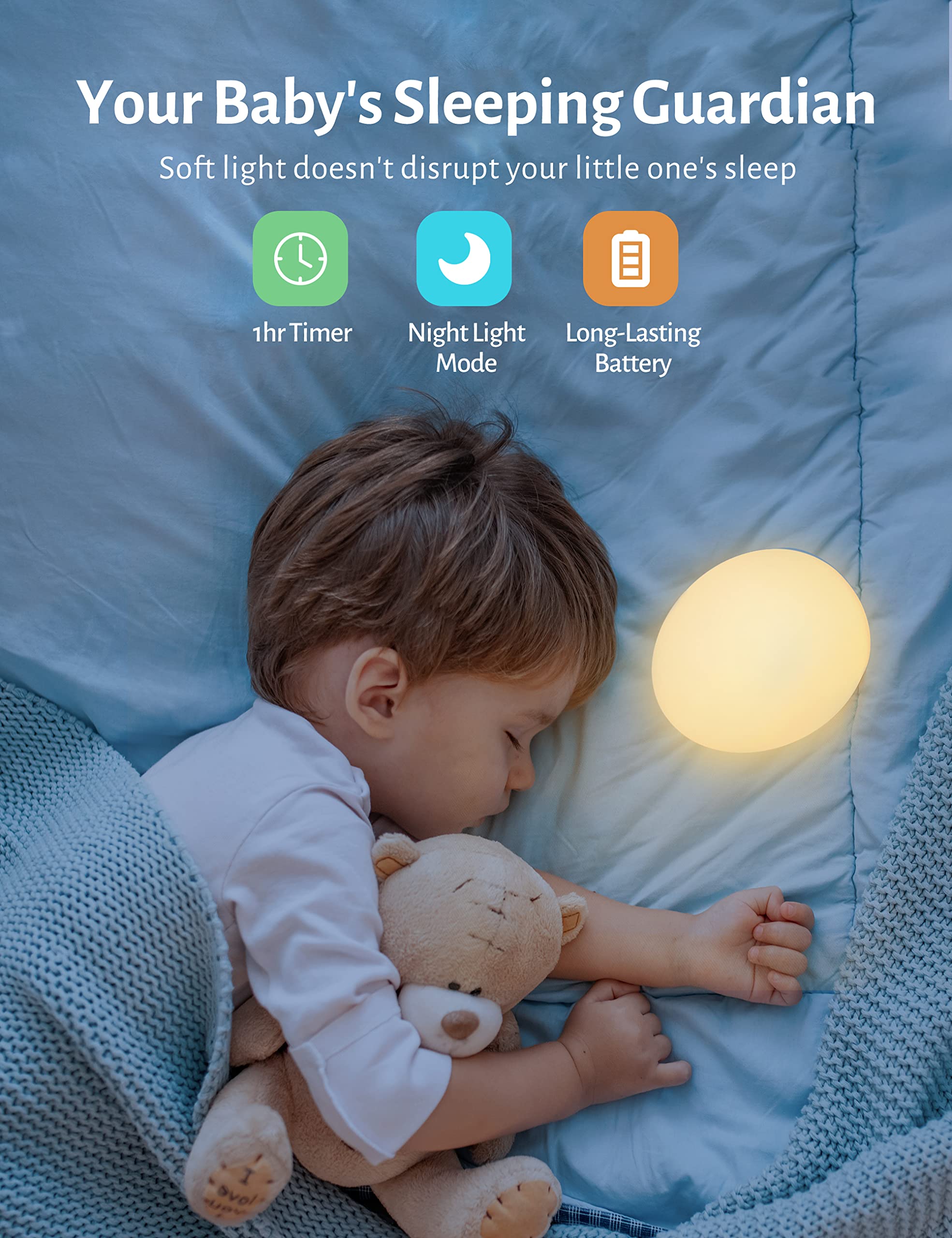 JolyWell Night Light for Kids with Color Changing Mode & Dimming Function, Rechargeable Baby Egg Night Light with 1 Hour Timer&T