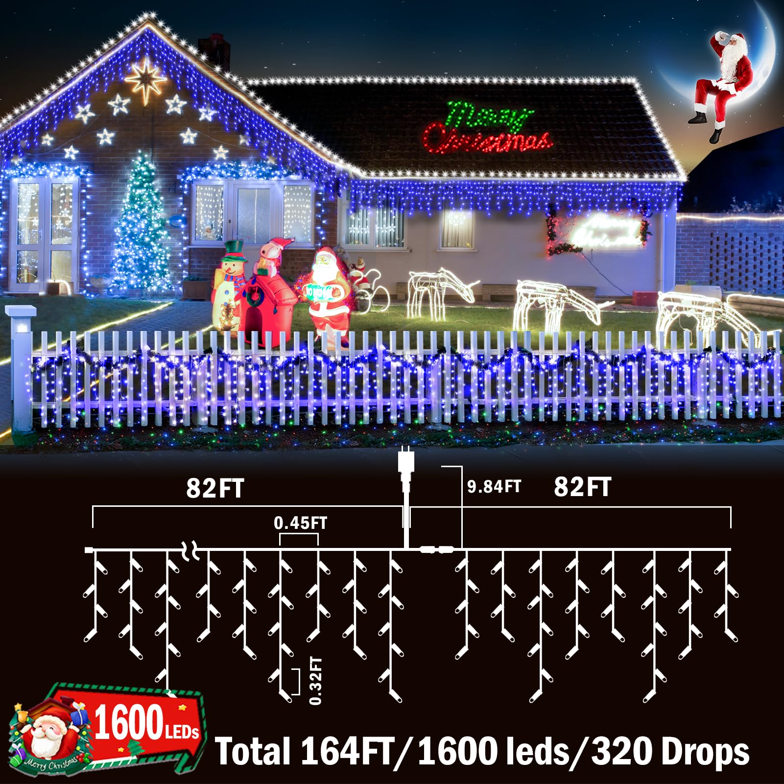 KNONEW LED Christmas Lights 164FT 1600 LED Blue Waterproof Fairy String Lights with Timer, 8 Modes for Indoor/Outdoor Decor