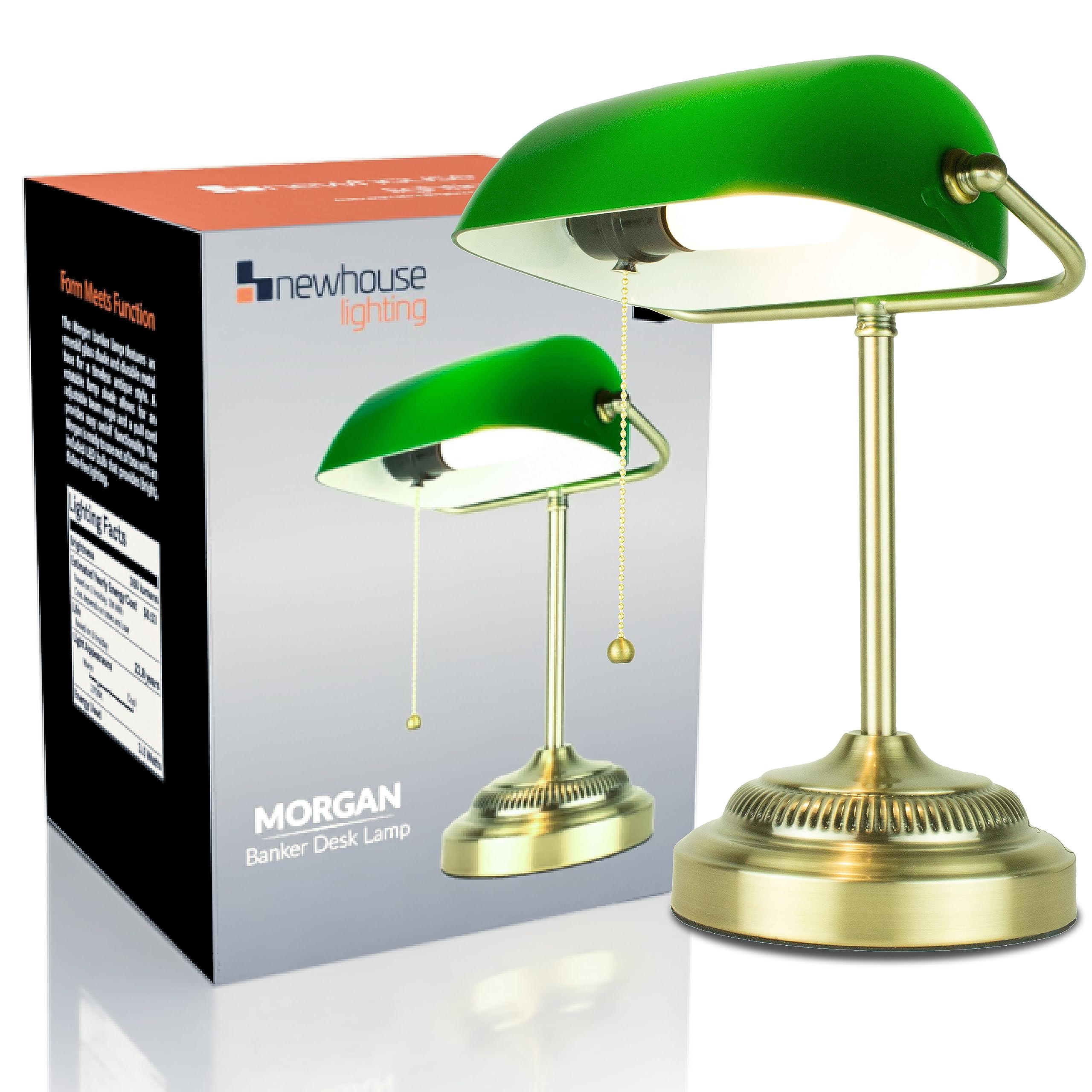 Newhouse Lighting Nhdk-Mo-Goaz Morgan Antique Green And Brass Glass And Metal Adjustable Classic Banker Lamp | Compatible With Energy-Efficient Led Bulb