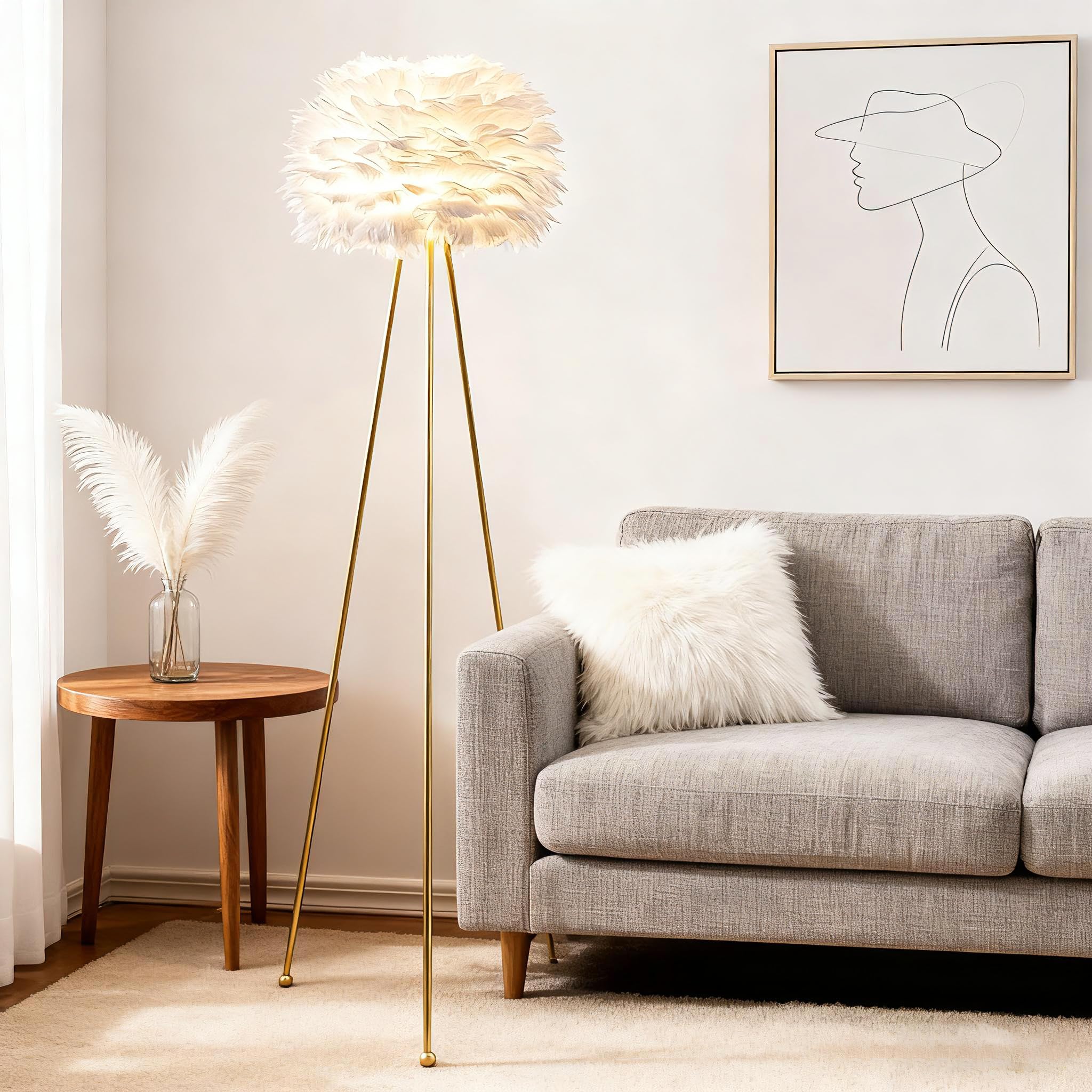 Maxax 60 Tripod Floor Lamp - Modern Gold With White Feather Shade, F21 Model For Bedroom, Dining Room, Living Room, Kitchen