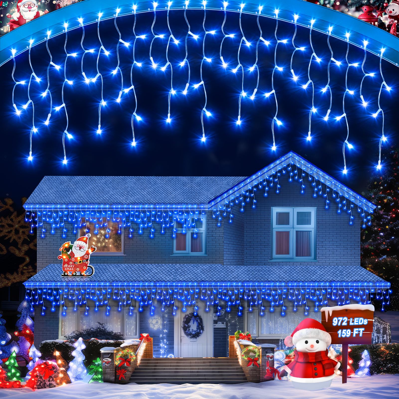 106 FT Christmas Lights Outdoor  972 LED Waterproof Outside Christmas Lights Plug in  Connectable 8 Modes Hanging Fairy Lights with 216 Drops for House Eaves Yard Patio Decoration  Blue