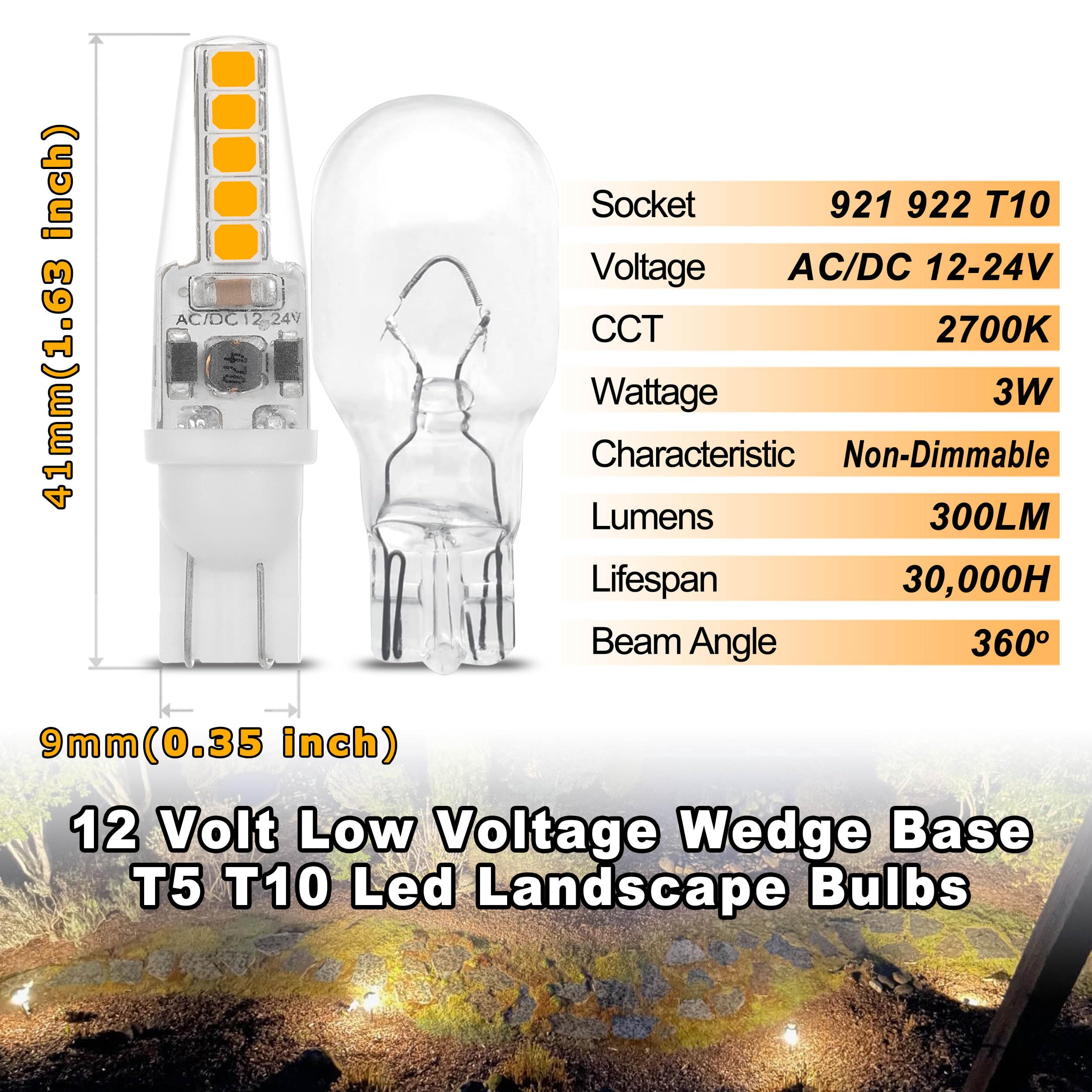 12 Volt Low Voltage Wedge Base Led Landscape Bulbs T5 T10 3W 300Lm,T5 Malibu Path Garden Light Bulbs,921 922 912 194 168 T10 Rv