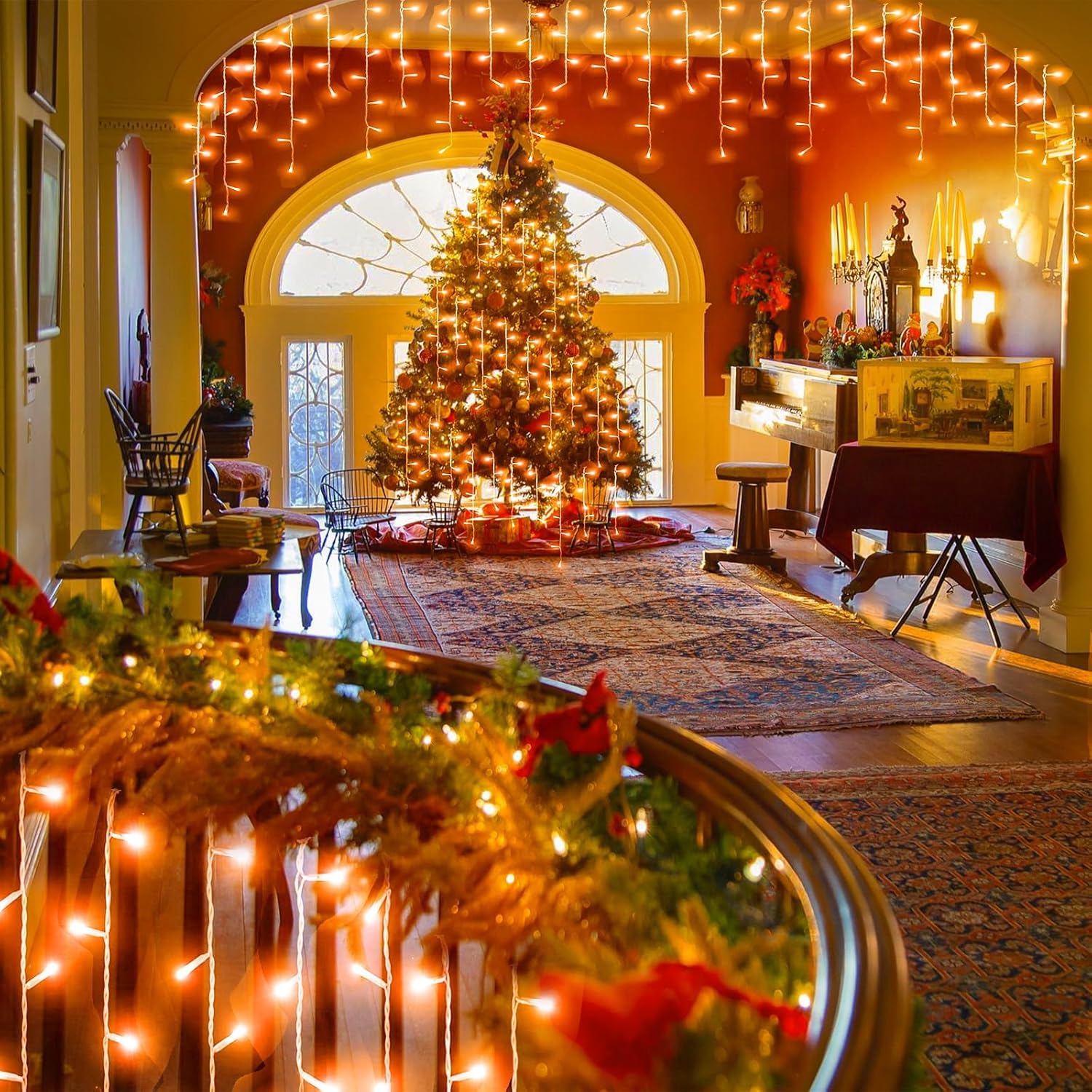 66Ft Orange Christmas Lights Outdoor, 640 Led Icicle Lights For Outside Indoor Twinkle Lights With Connectable Clear Wire 8 Mode