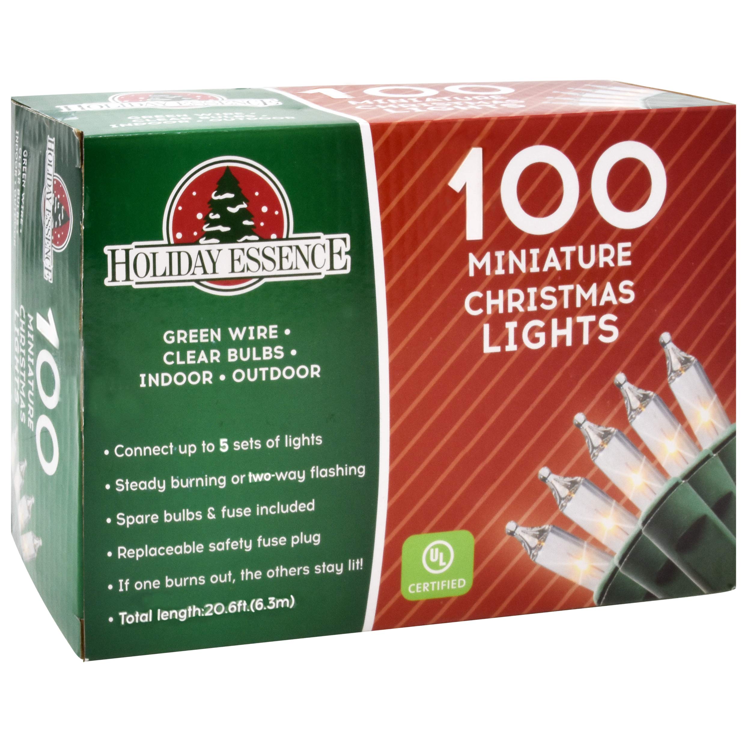 Holiday Essence 100 Count Mini Christmas Lights Set, Clear Incandescent, Green Wire, UL Certified, Indoor/Outdoor Holiday Decoration