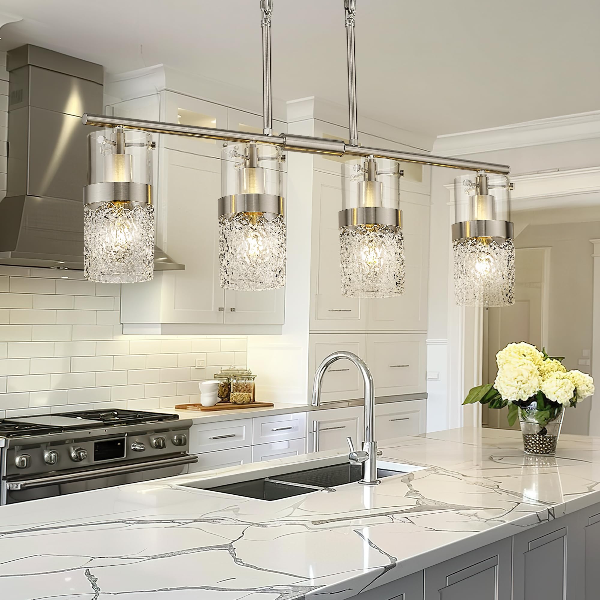 LMS 4-Light Brushed Nickel Island Chandelier Lights for Kitchen, Mid Century Pendant Light with Hammered Glass Shade, Farmhouse 