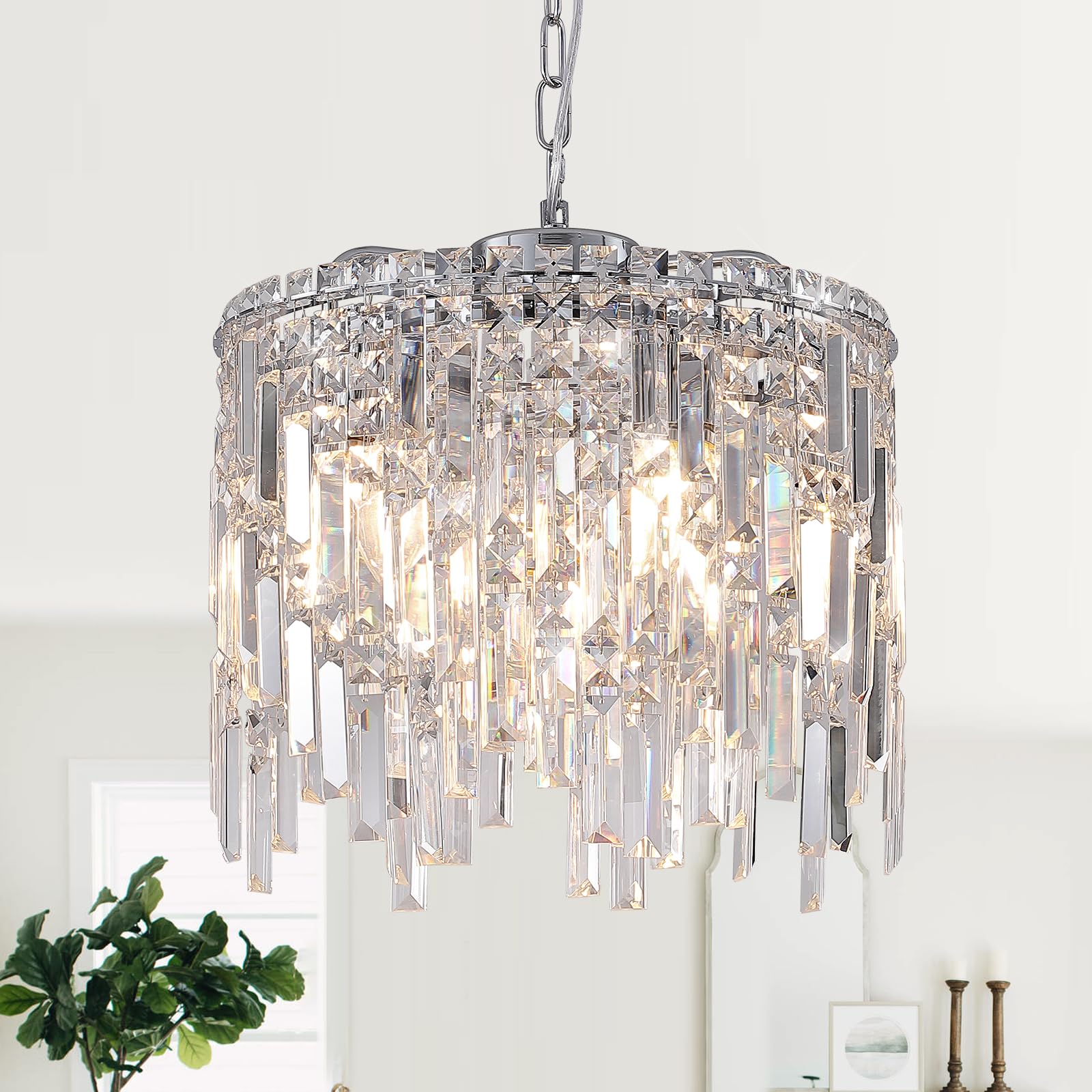 Chrome Crystal Chandelier Small Crystal Pendant Light Fixture 16'' Raindrop Flush Mount Hanging Chandelier with Adjustable Chain