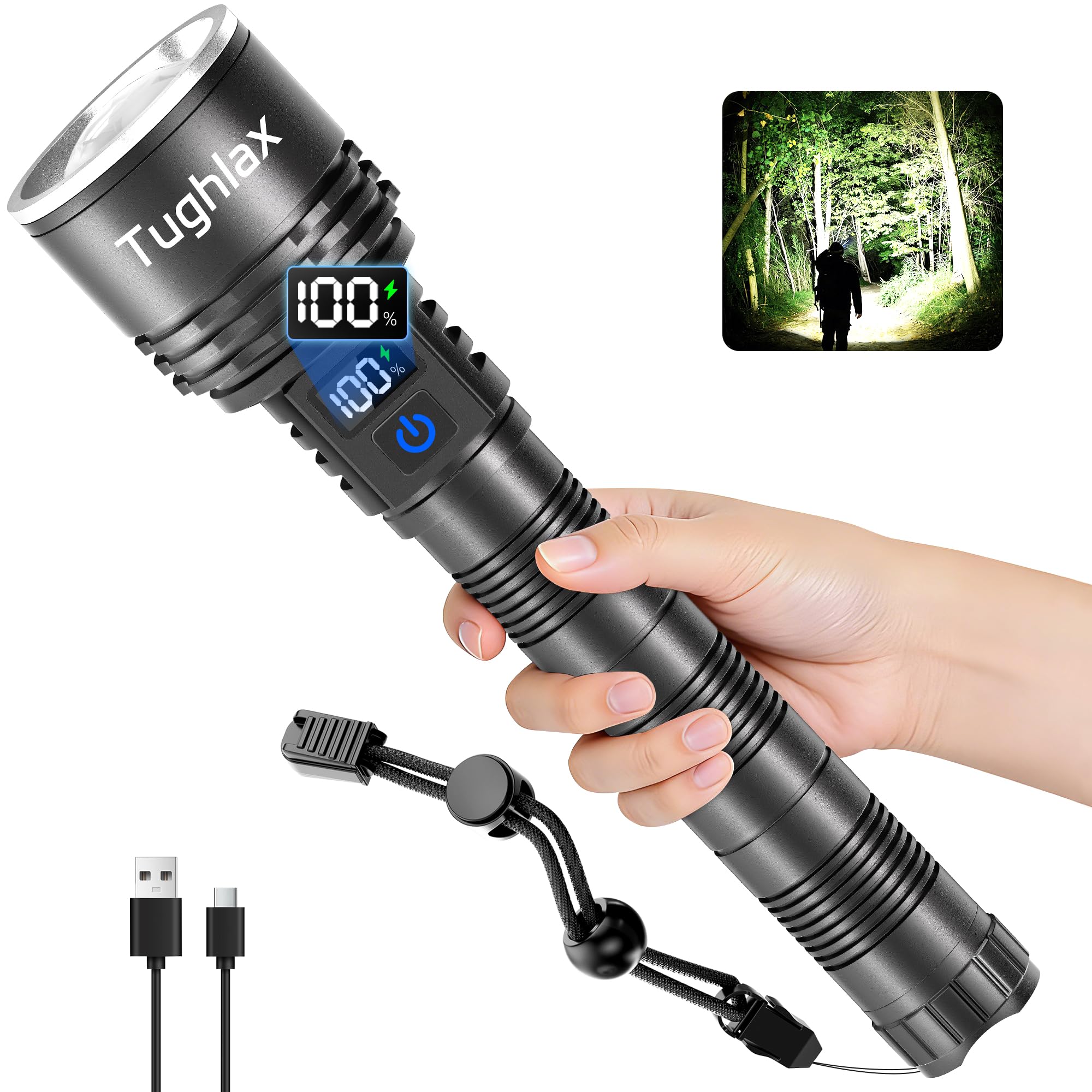 Tughlax Rechargeable Flashlights High Lumens, 90,000 Lumens Super Bright LED Flashlight Tactical Flashlight with LCD Digital Dis