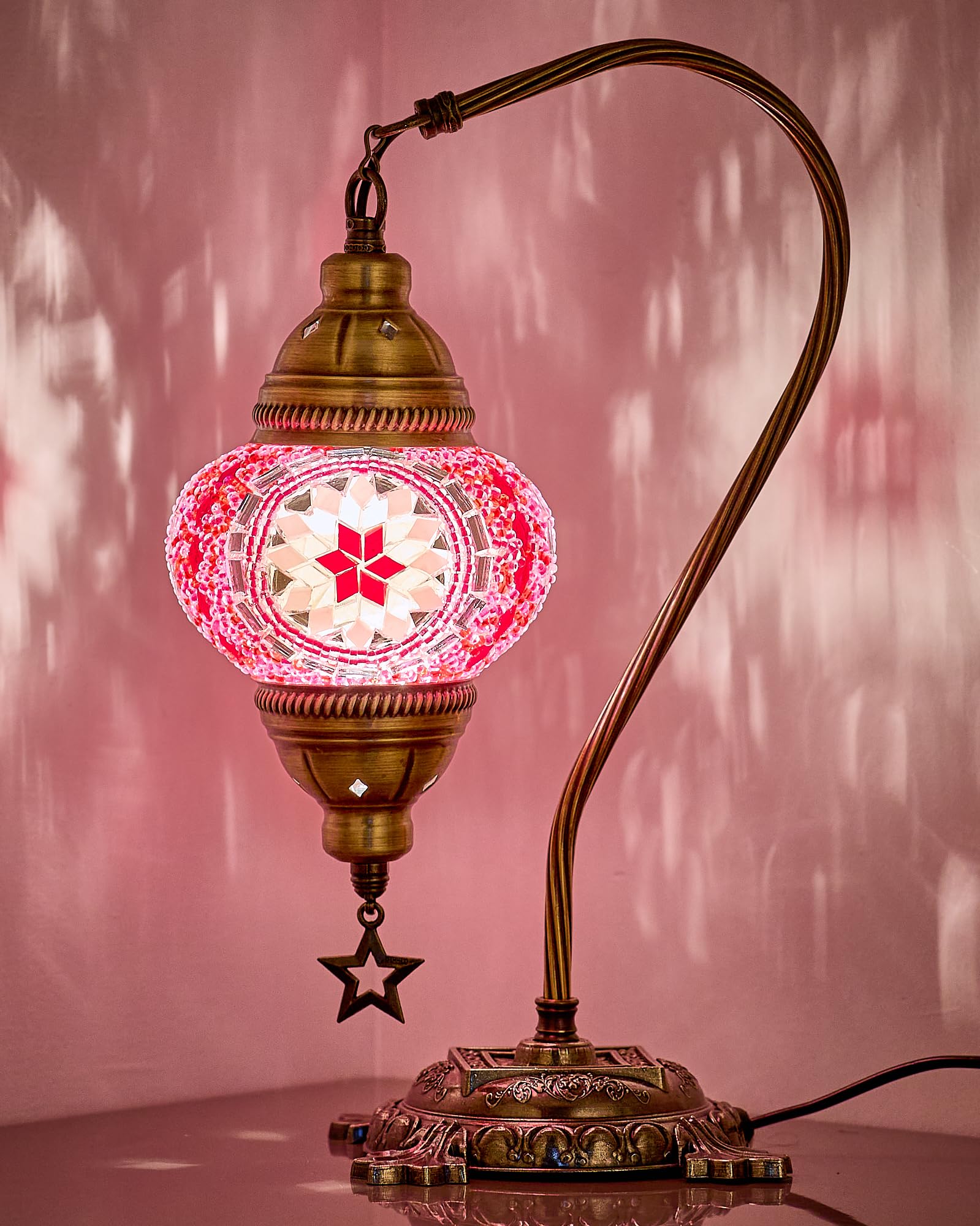 DEMMEX Turkish Mosaic Table Lamp, Handcrafted Tiffany-Style, 15in H, Light Pink, Model DEMMEXLAMP, Boho Accent Lighting for Bedroom or Living Room