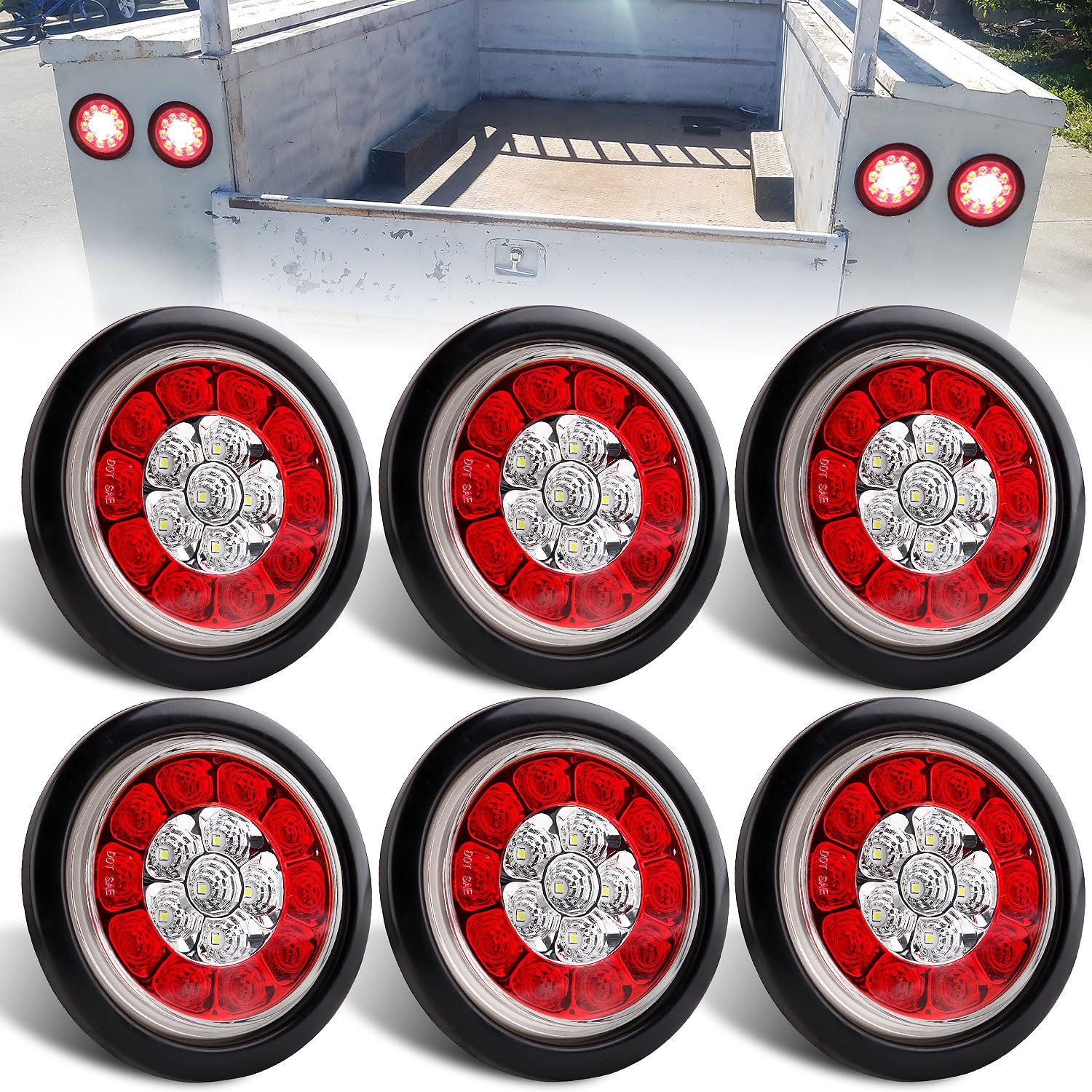 Traberm 6Pcs 4 Inch Round LED Trailer Tail Lights With Backup Reverse Lights Integrated 16 LED Brake Stop Running Turn Reverse Signal Lights Grommet Mounting For Trucks Trailer RV IP67 Waterproof