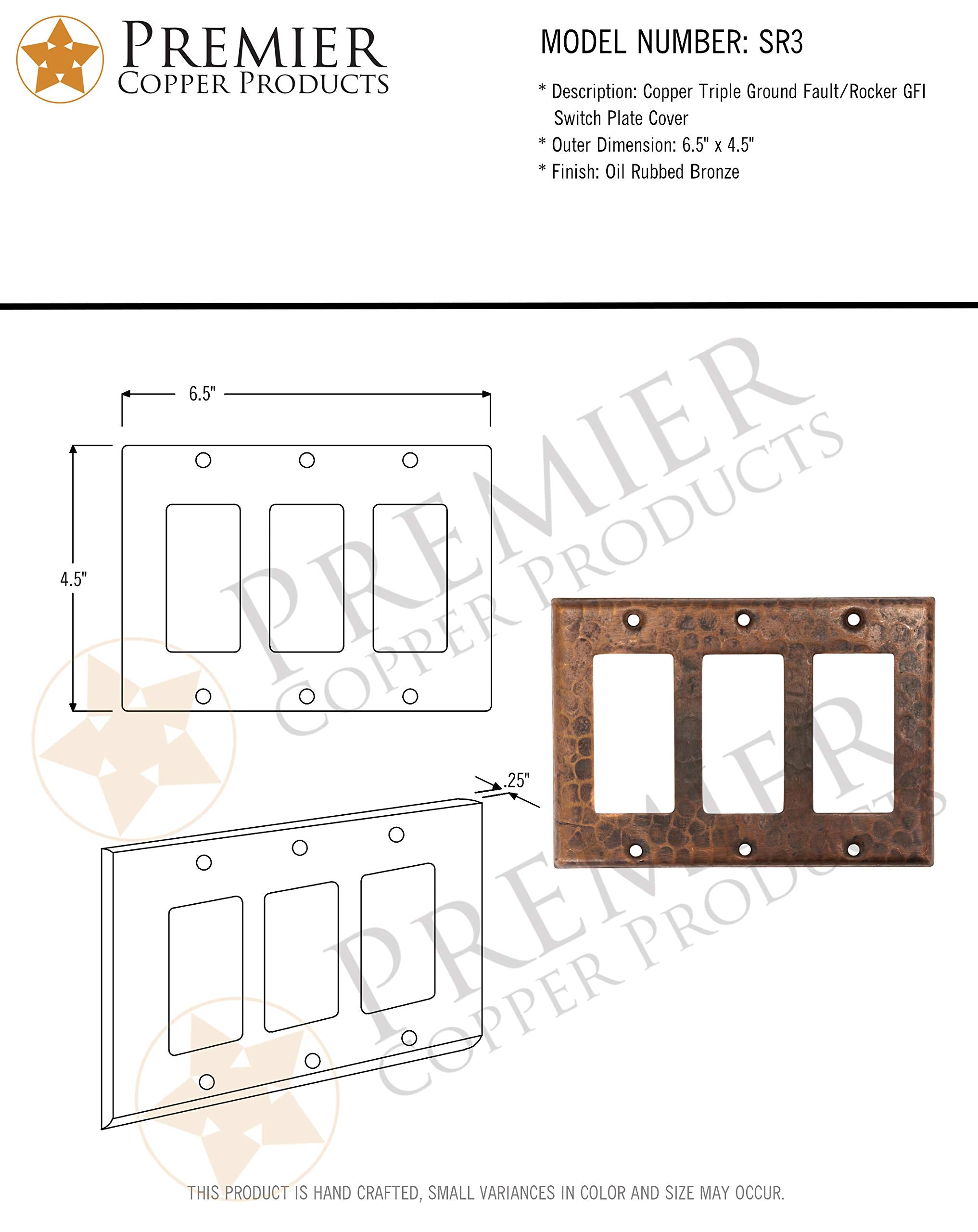Premier Copper Products Copper Switch Plate Triple GFI Cover 6.5in x 4.5in x .25in Oil Rubbed Bronze Model SR3