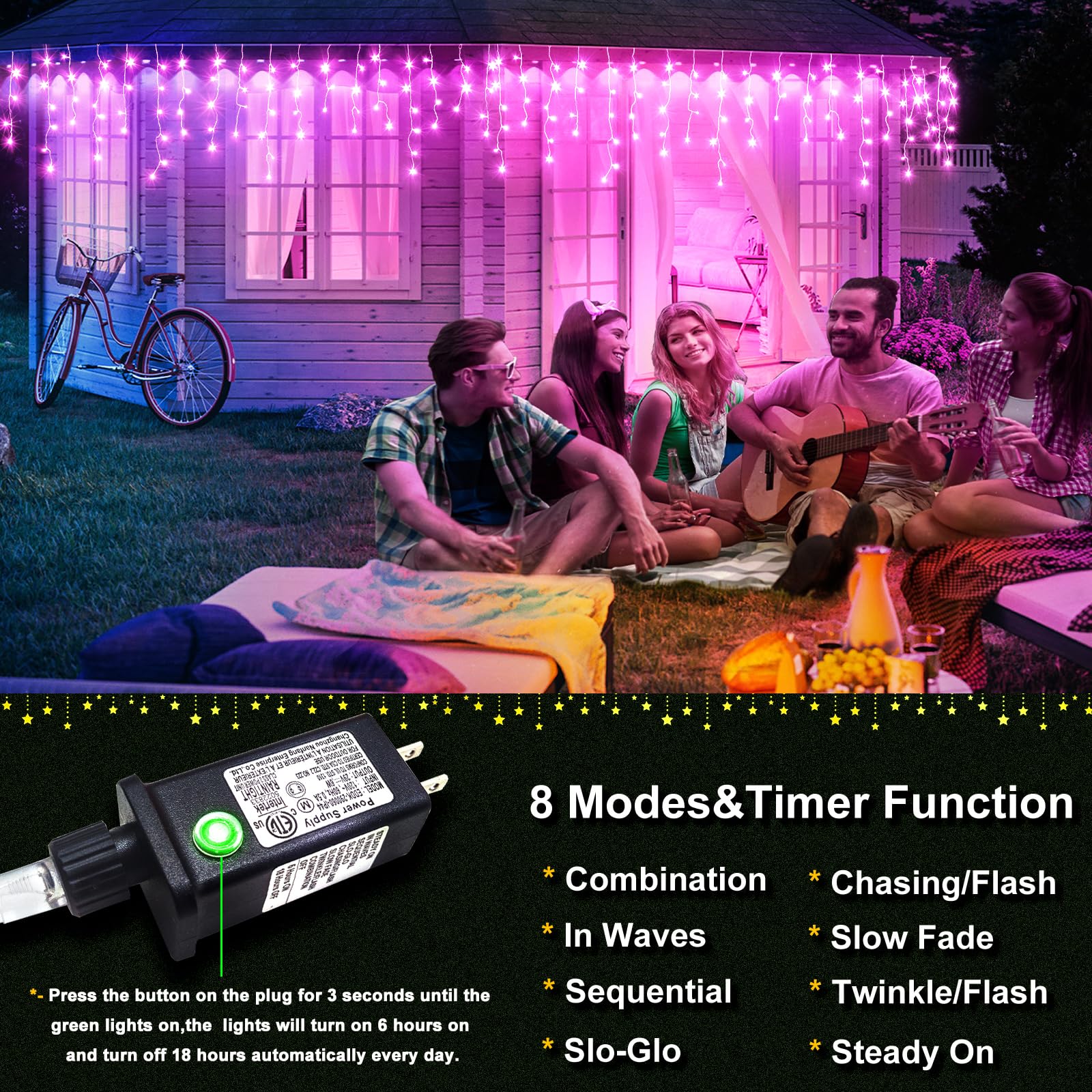 Einiiya Christmas Lights Outdoor 66ft 640 LED Waterproof Pink Icicle Lights, 8 Modes, Model BG-CL3M3-306L01