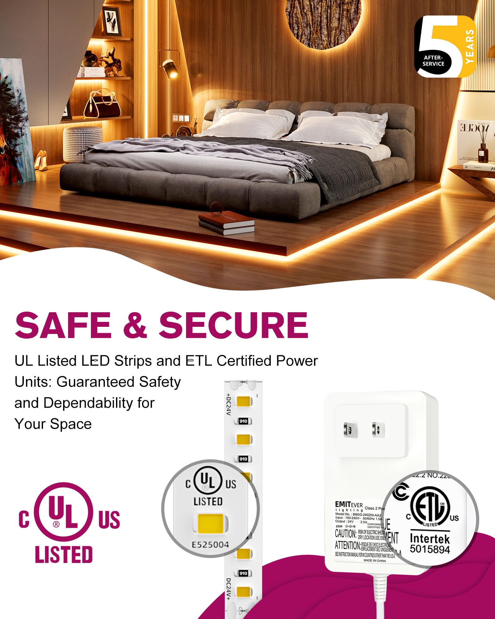 EMITEVER LED Strip Lights Kit, 16.4ft Dimmable Warm White 2700K, 600 LEDs, Remote & 24V Power Supply, Model FN-2835C
