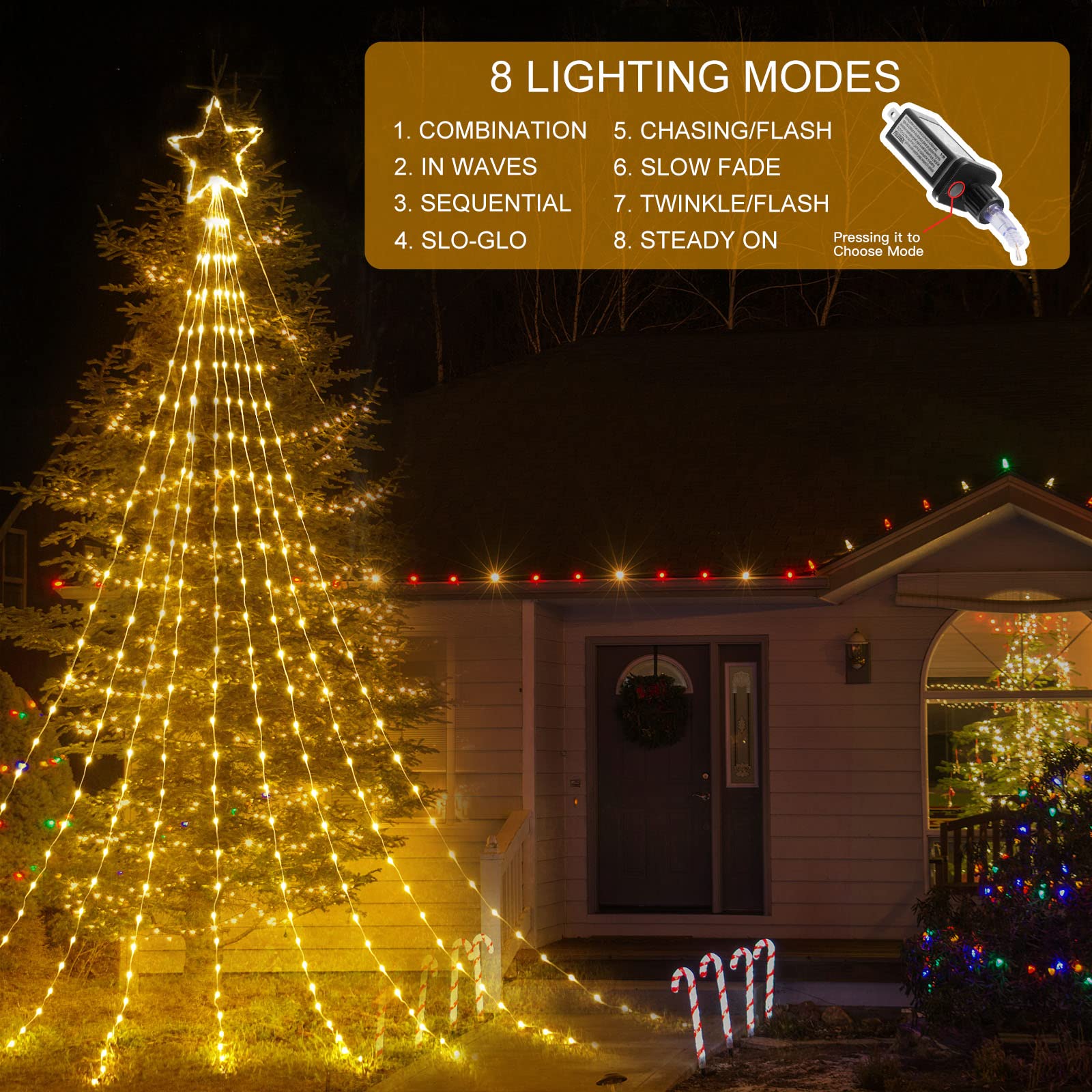 Brightown Christmas Star String Lights - 344 LED, 11.8ft Warm White Waterfall Lights, 8 Modes, Indoor/Outdoor Decor