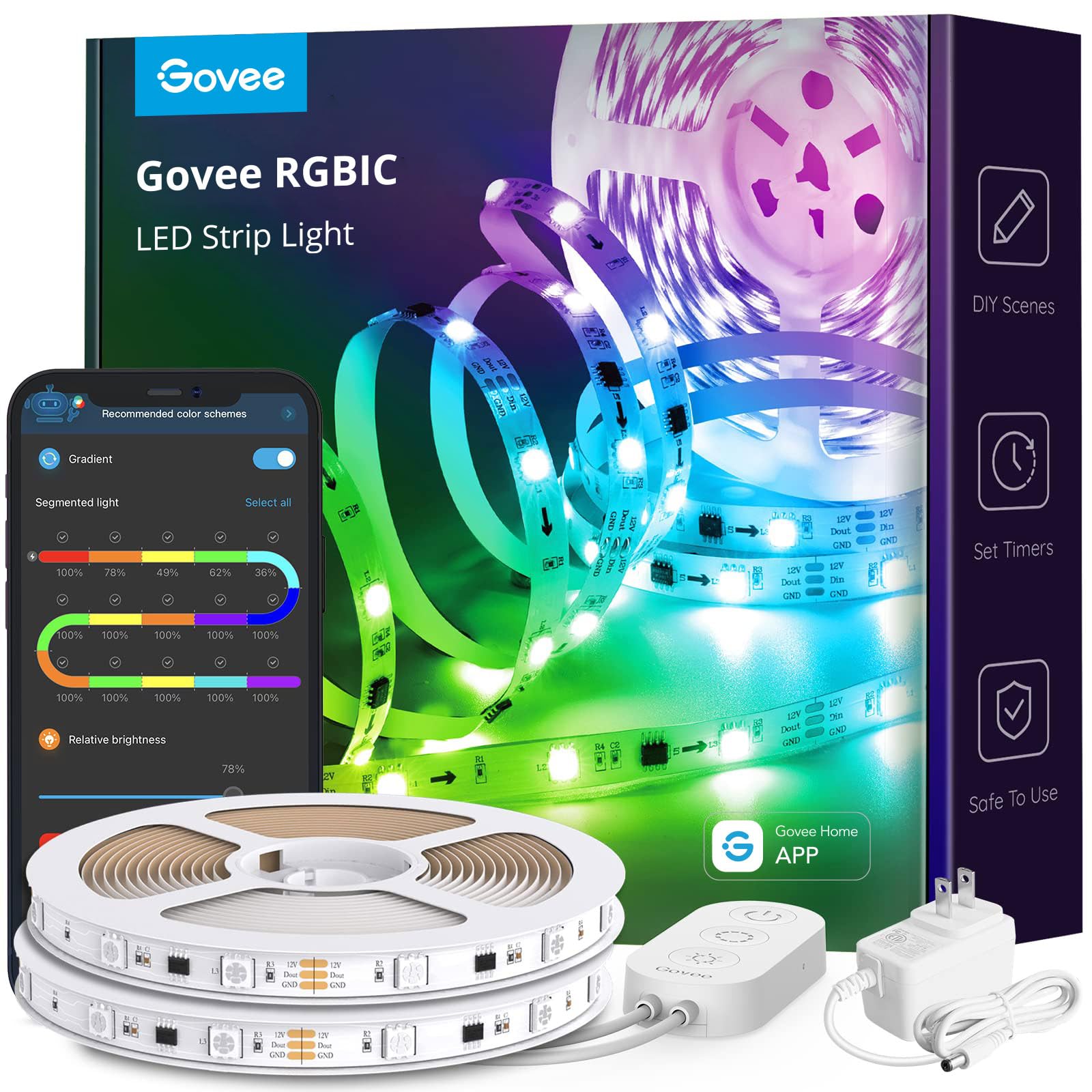 Govee LED Strip Lights RGBIC, 32.8ft Smart App Control, Segmented Color Control, Music Sync, Model H6126