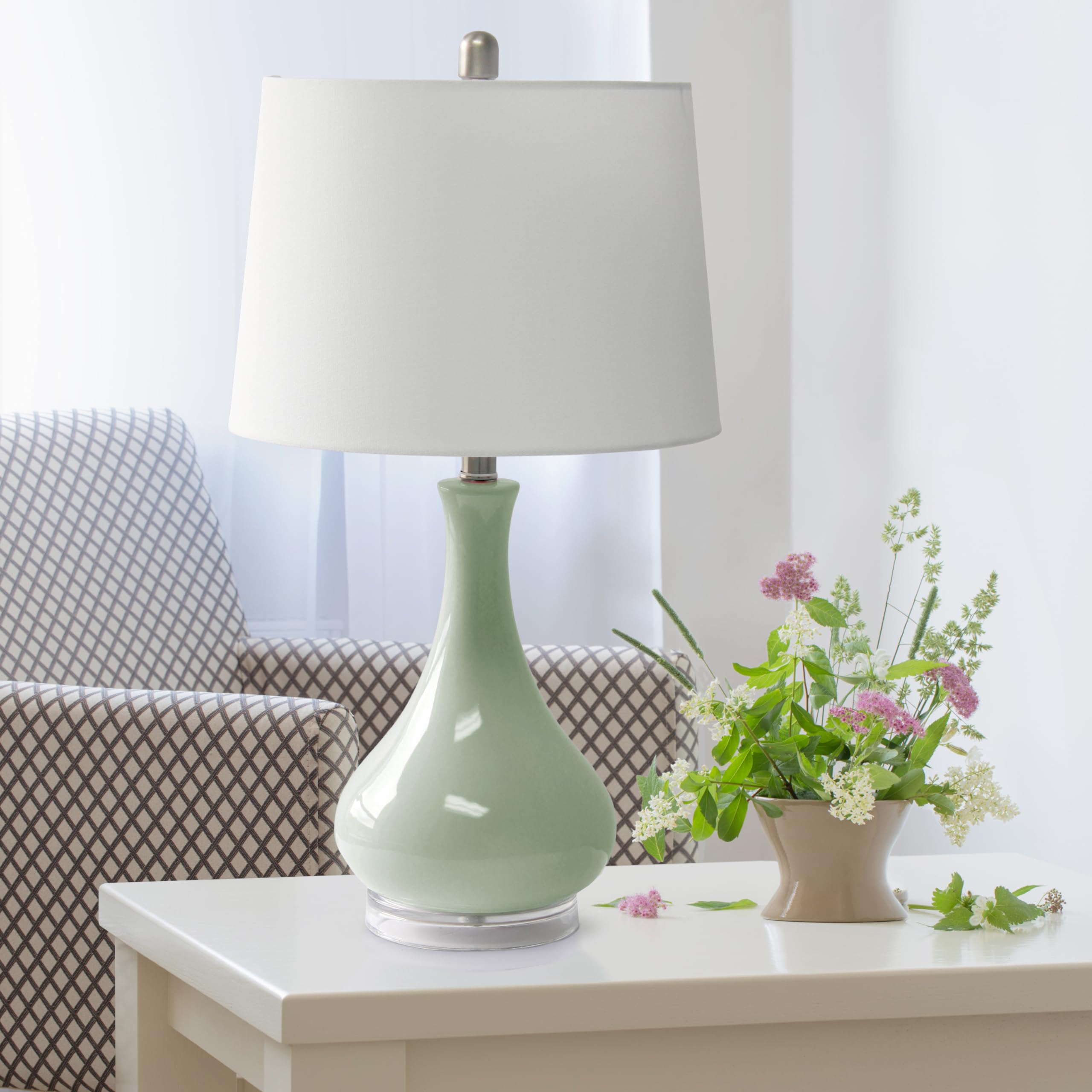 Elegant Designs LT3312-SGE Ceramic Tear Drop Table Lamp, 26.25in, Sage Green, White Fabric Shade for Living Room, Bedroom, Nursery
