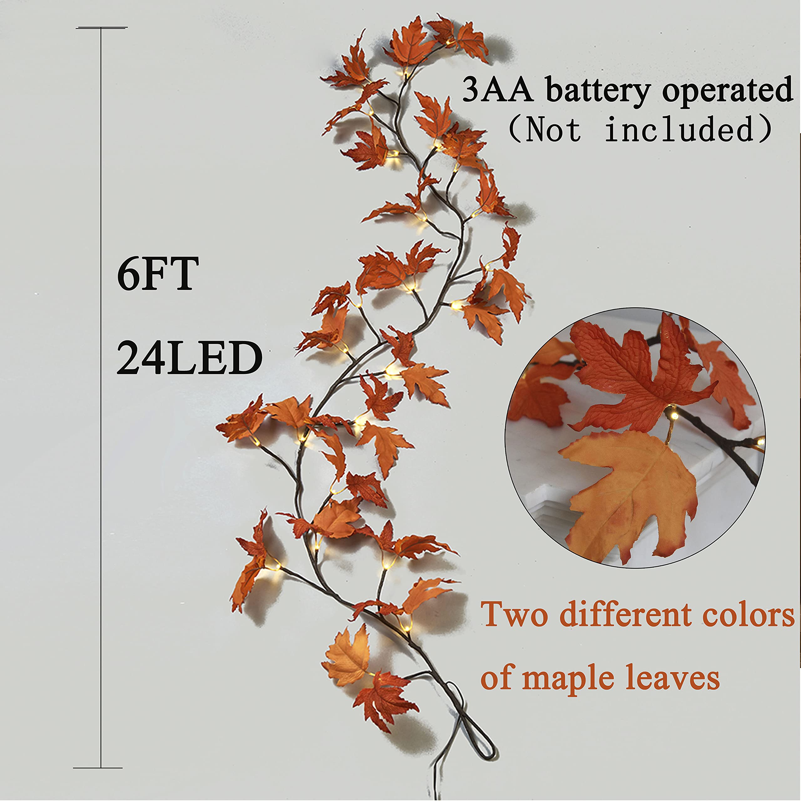 Hairui Lighted Maple Leaf Garland - 6Ft, 24 Warm White Leds, Battery Operated, Orange Maple - Perfect For Thanksgiving And Christmas Decor
