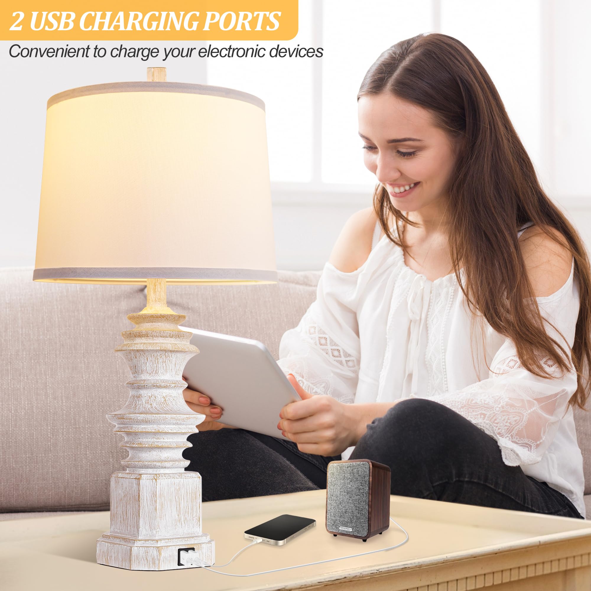 QiMH Table Lamps Set of 2 with Dual USB Ports, White Fabric Shade, Farmhouse Style, Model QMLP307AWL