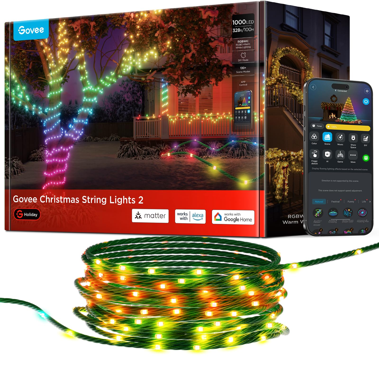 Govee RGBWIC Christmas String Lights 328FT, 1000 LEDs, Smart APP Control, Clear Wire, Green, Model H70C9