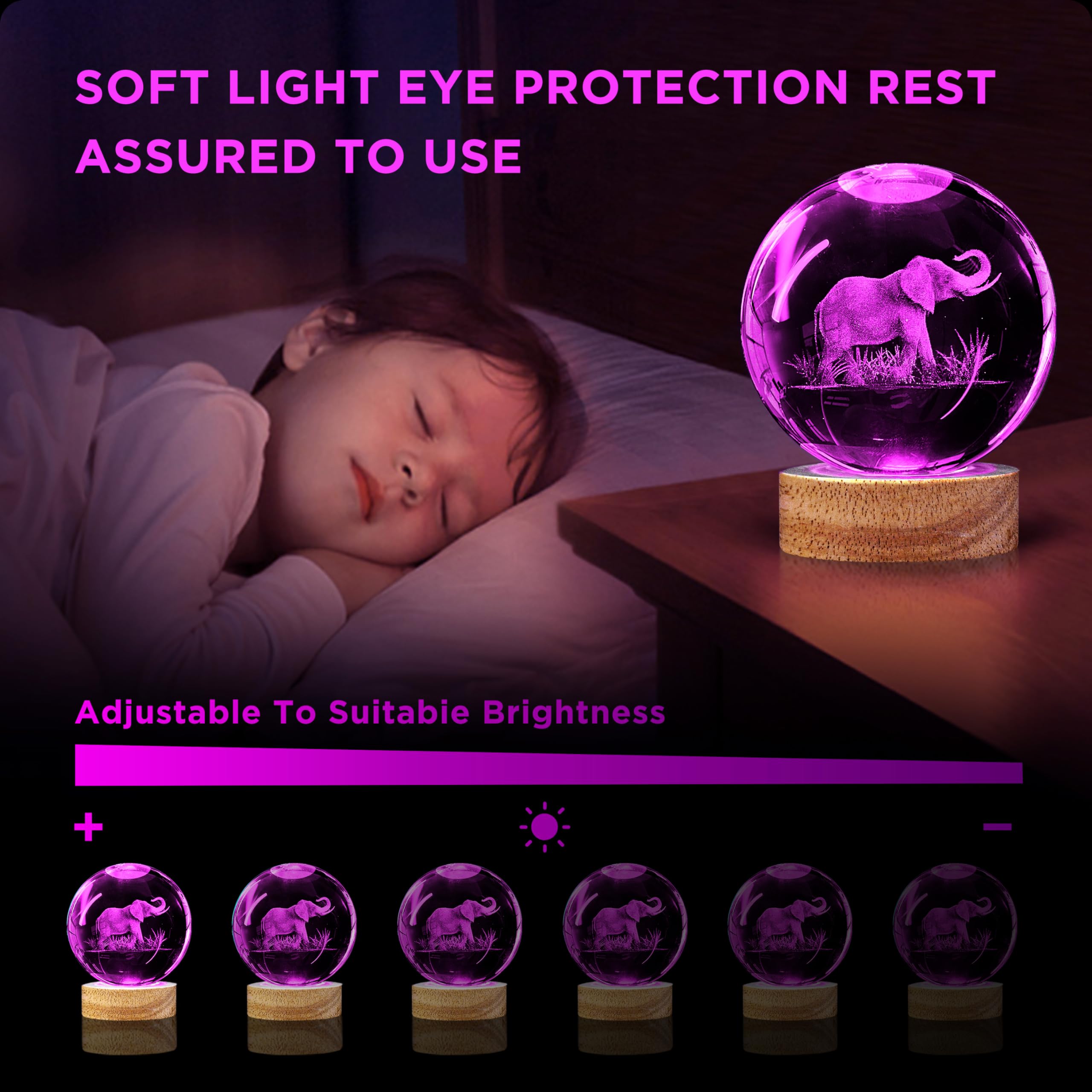 Oriamde 3D Elephant Crystal Ball Night Light 3.15 Inch Glass Ball Lamp With 16 Color Changing Wooden Base And Remote Control Elephant Gifts For Kids Friends Birthday Christmas Room Decor