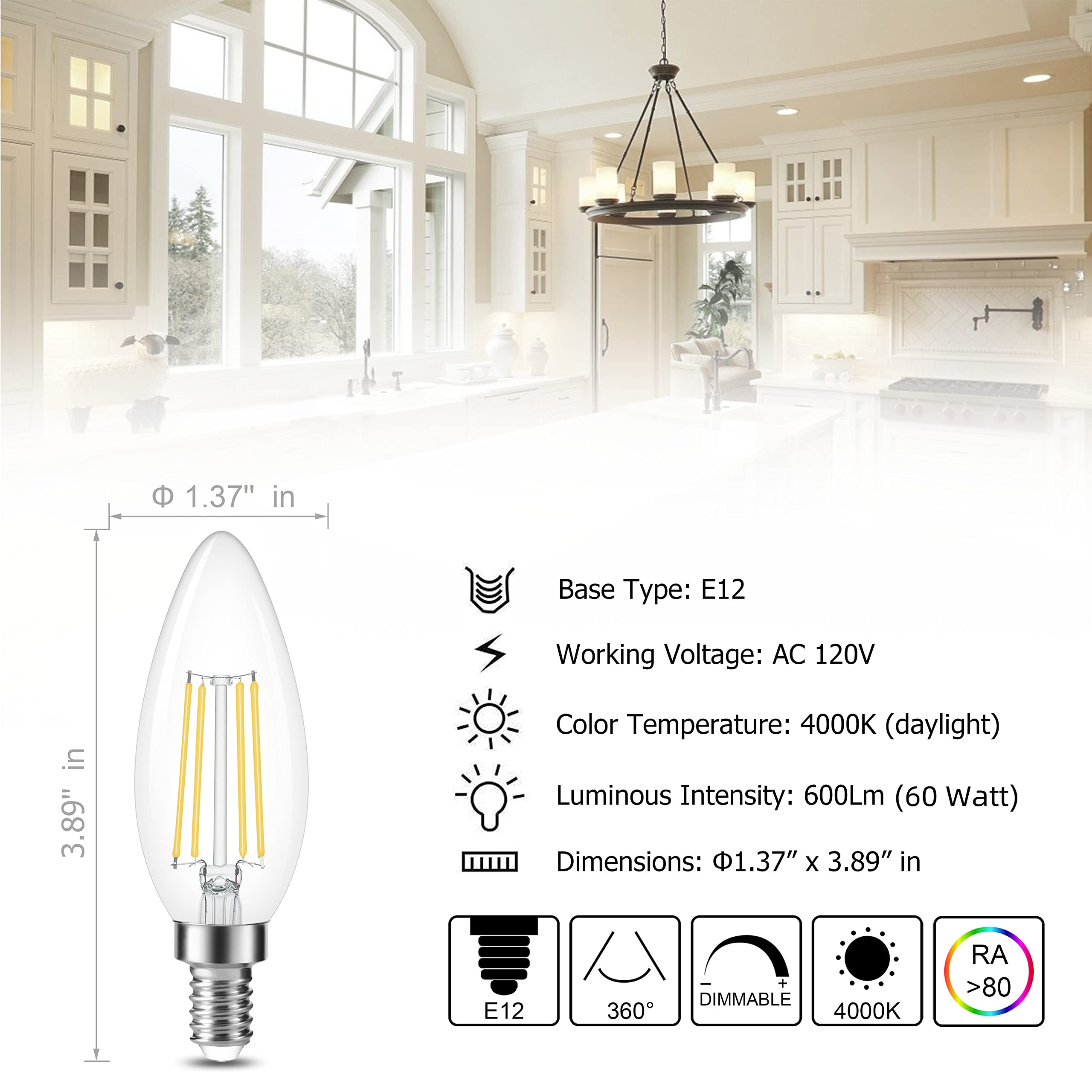 Cotanic Dimmable E12 Candelabra Led Bulbs, 60W Equivalent,4000K Daylight,600Lm Ceiling Fan Light Bulb,C35 Filament Chandelier Light Bulbs B11 Candle Lights With Clear Glass,Pack Of 6