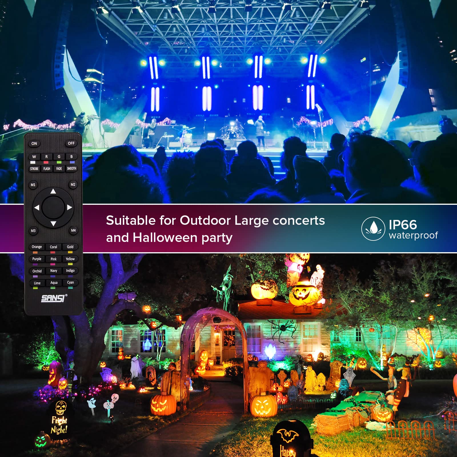 SANSI 100W RGBW LED Flood Light - 600W Equivalent, Ceramic, Color Changing, Remote Control, 16 Colors, 4 Modes for Outdoor/Indoor Use
