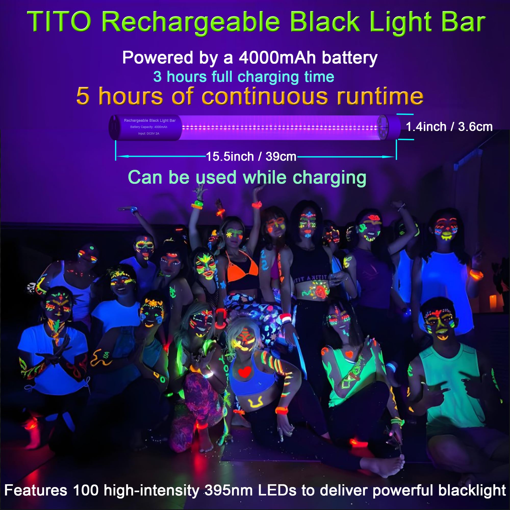 TITO Rechargeable Black Light Bar, UVA 395nm, Waterproof, Portable, 2 Pack, Fluorescent, Model TITO-BL-T10R