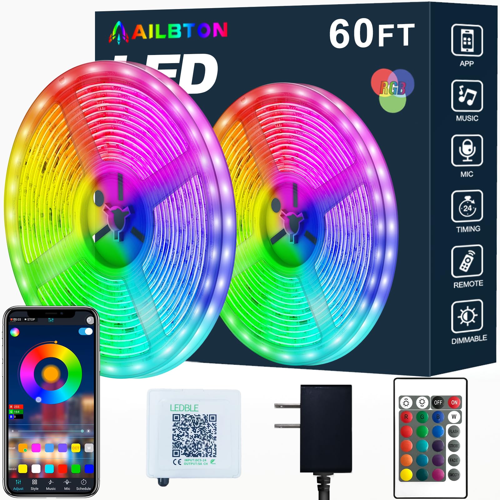 Ailbton Led Strip Lights,60Ft Music Sync Color Changing, Built-In Mic,Bluetooth App Control Led Tape Lights With Remote,5050 Rgb