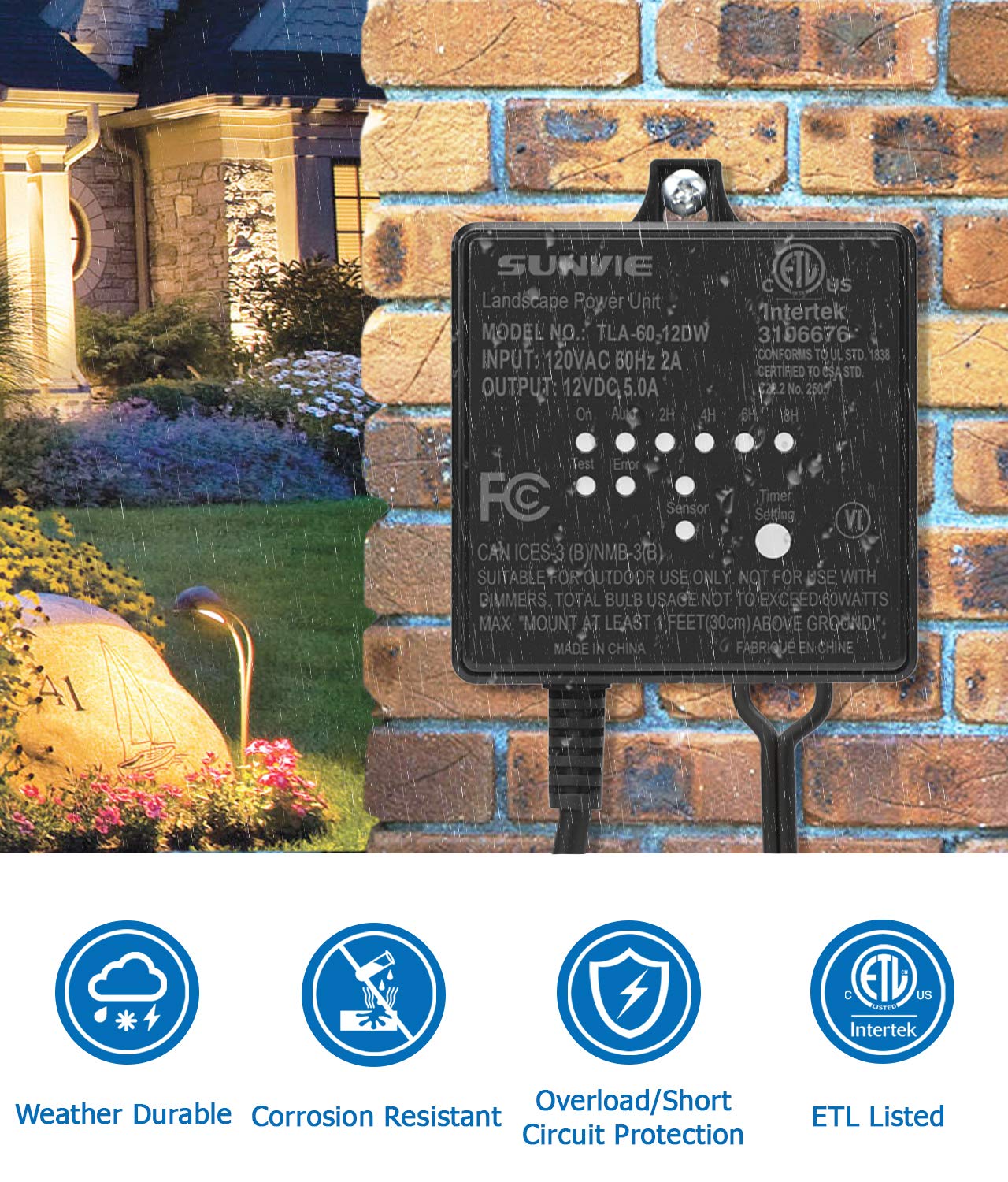 SUNVIE 60W Low Voltage Transformer with Timer & Photocell Sensor, Waterproof for Outdoor LED Landscape Lighting