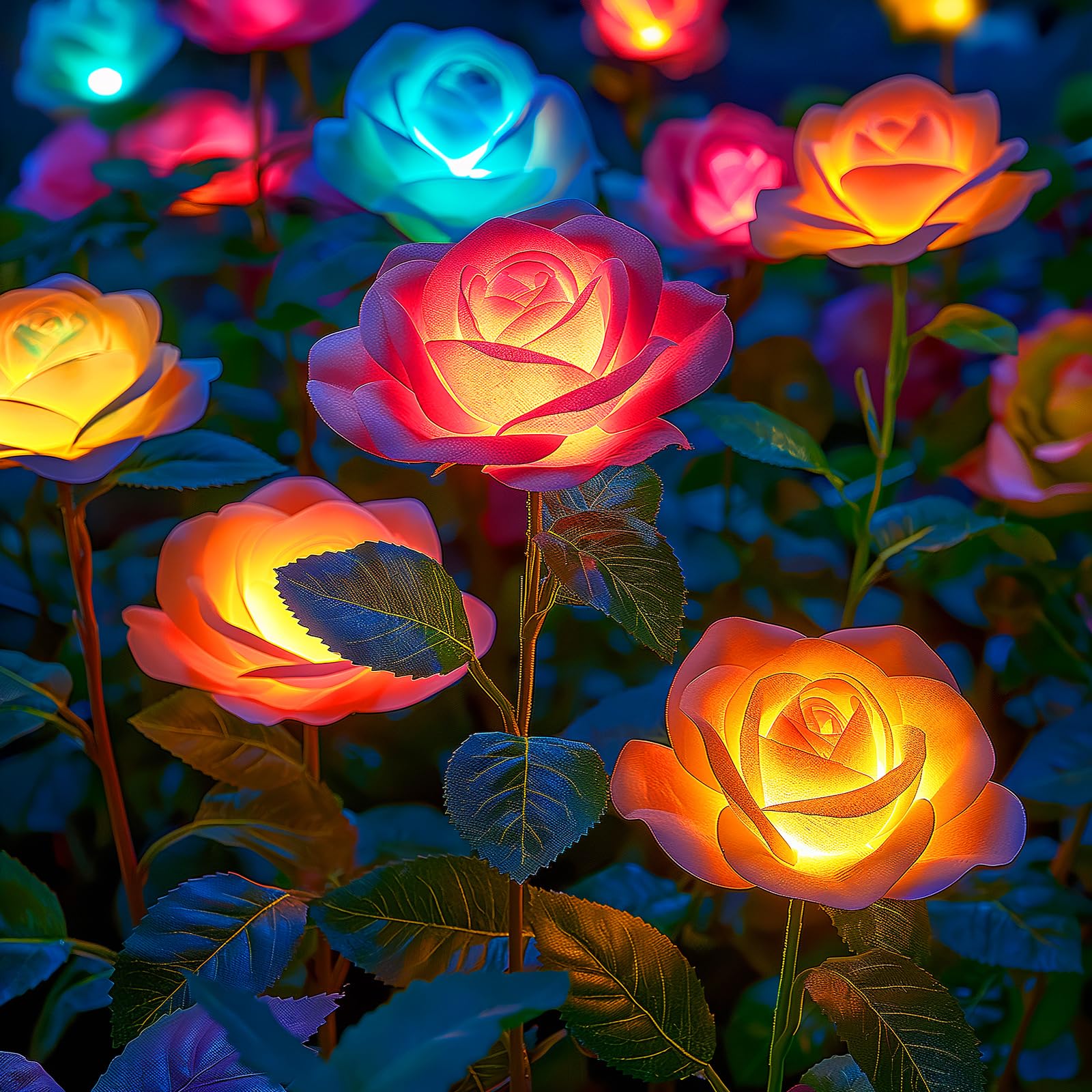 WdtPro Solar Garden Lights - 8 Pack Waterproof Color Changing Rose Flowers - Multicolor