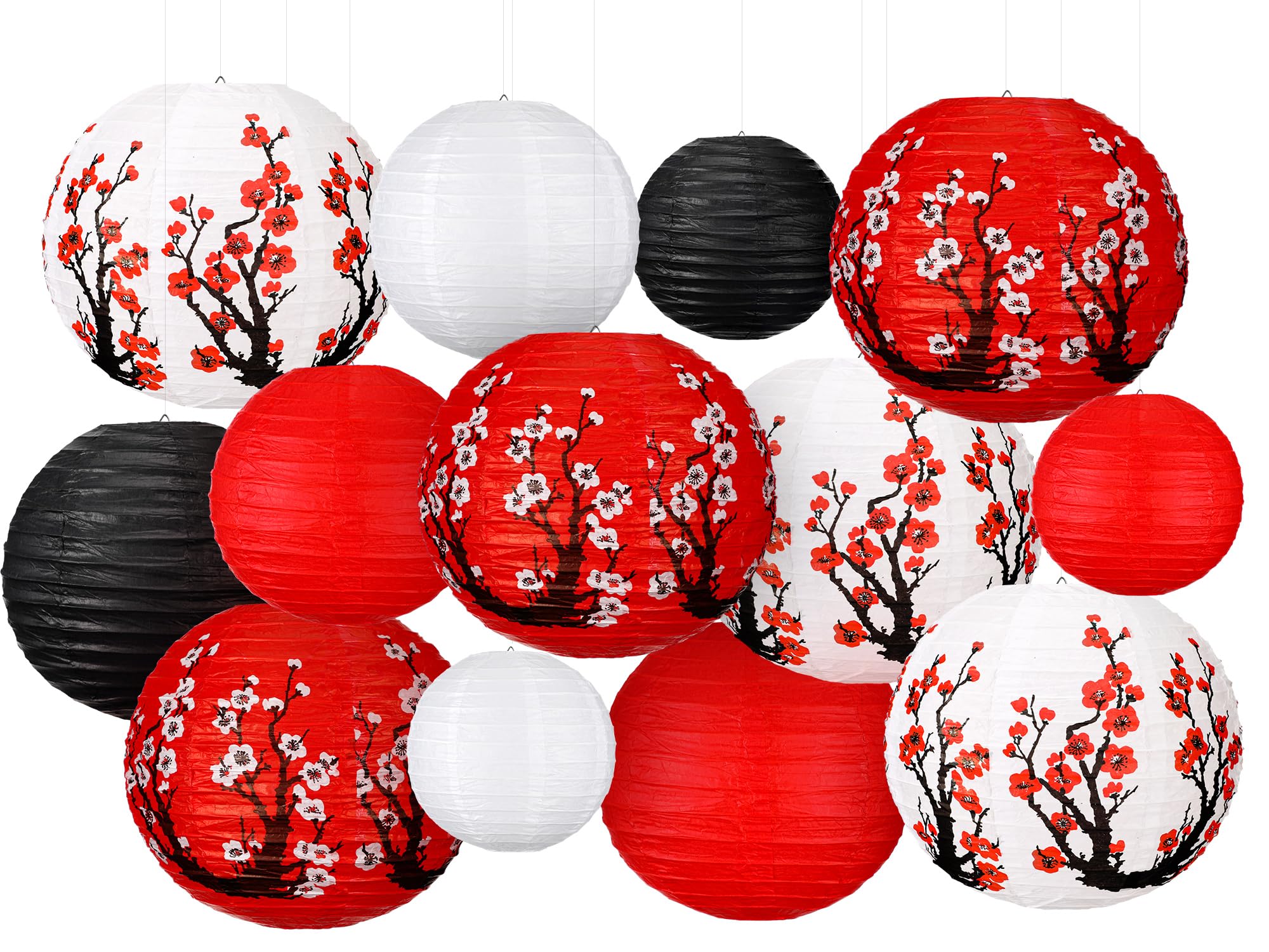 Bencailor 13 Pcs Chinese Japanese Paper Lantern Chinese New Year Lantern Decorative Hollow out Round Plum Blossom Red White Gold Chinese Lantern Chinese Party Decor for Spring Festival (Dark Color)