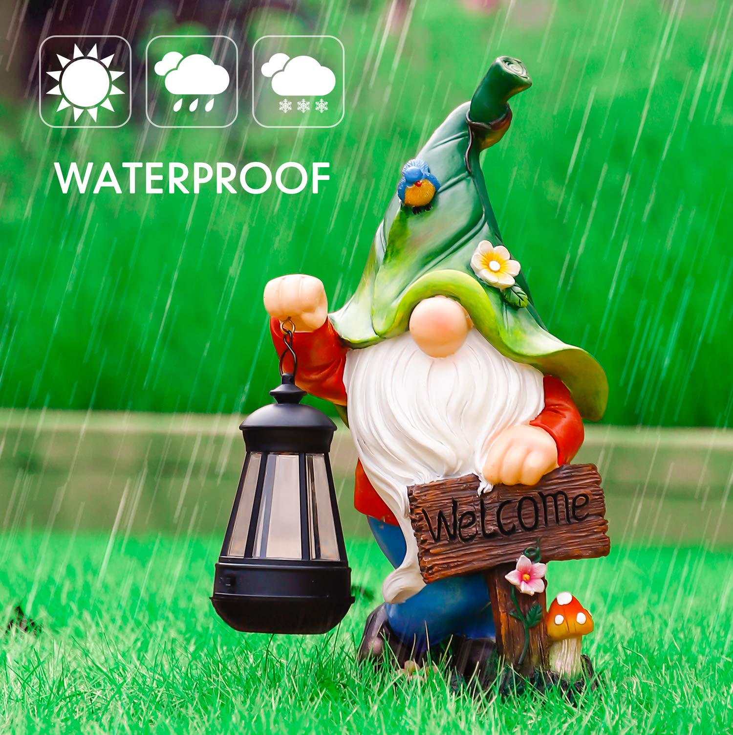 Wogoon Solar Garden Gnome Statue With Lantern & Welcome Sign, Outdoor Yard Art Decor