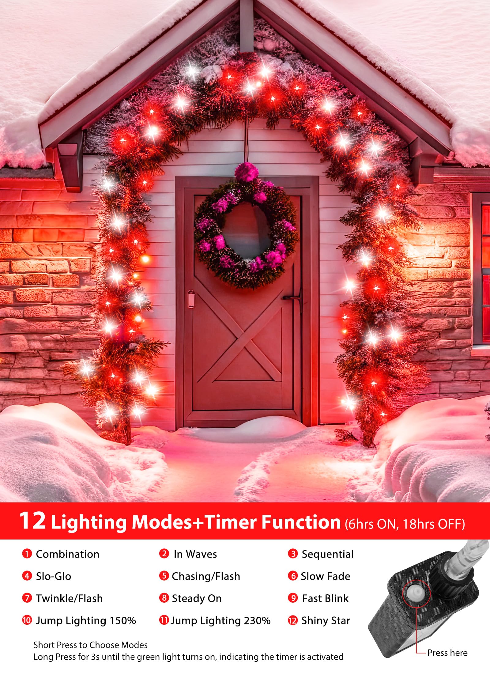 Minetom Christmas Cluster Lights - 200 LED, 10FT, Red & Cool White, 12 Modes, Waterproof, Plug-in Twinkle Fairy Lights