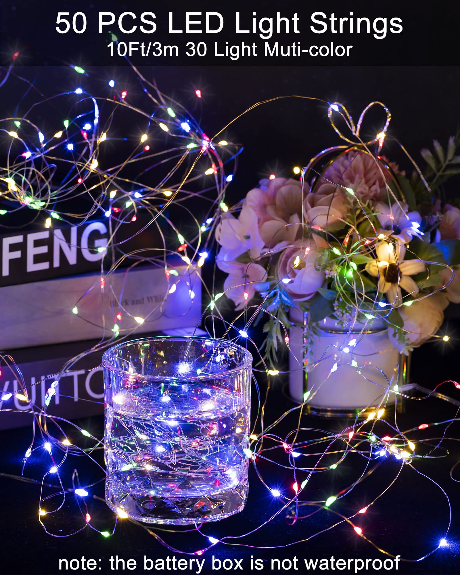 Riakrum LED Fairy Lights - 10ft, Battery Operated, Waterproof, Mixed Color, 50 Pieces for DIY Wedding Party