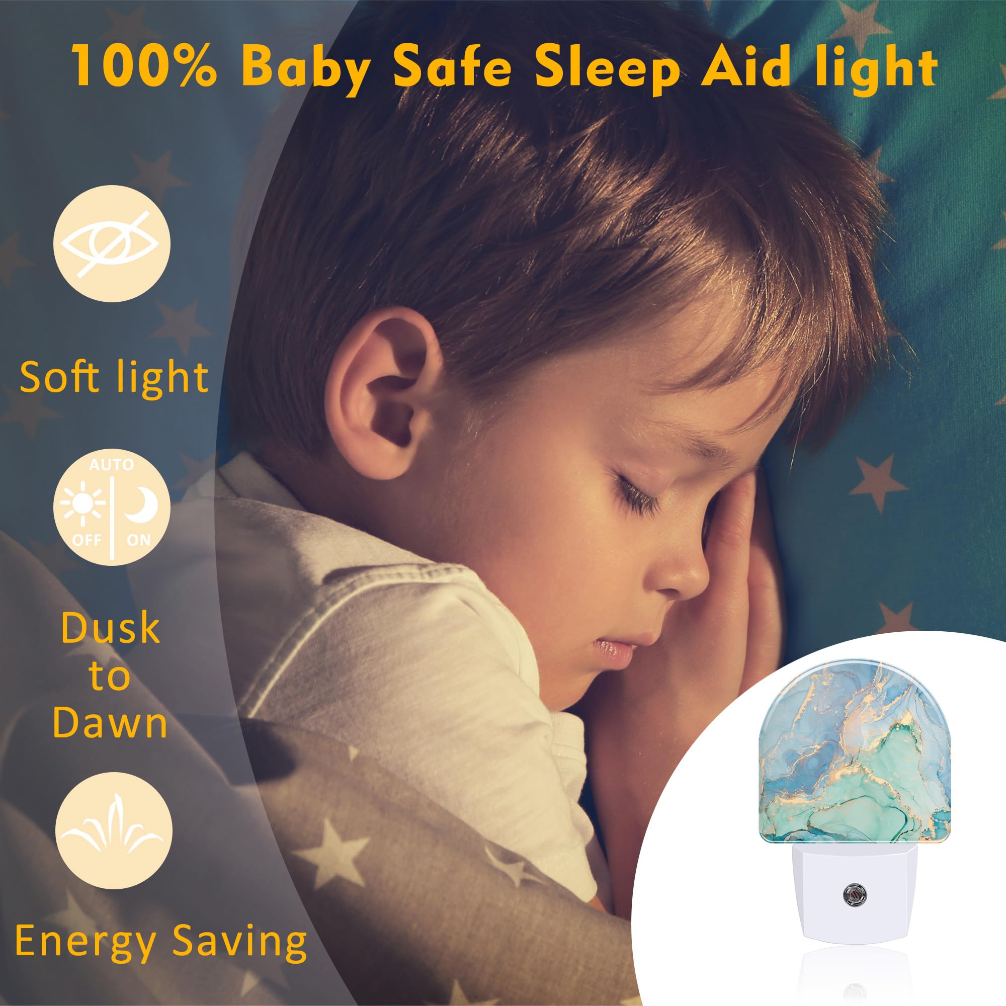 Sndheke Teal Blue Marble Night Light Plug Into Wall, Gold Luxury Marble Dusk To Dawn Night Light,0.5W Energy Saving Sleep Friend