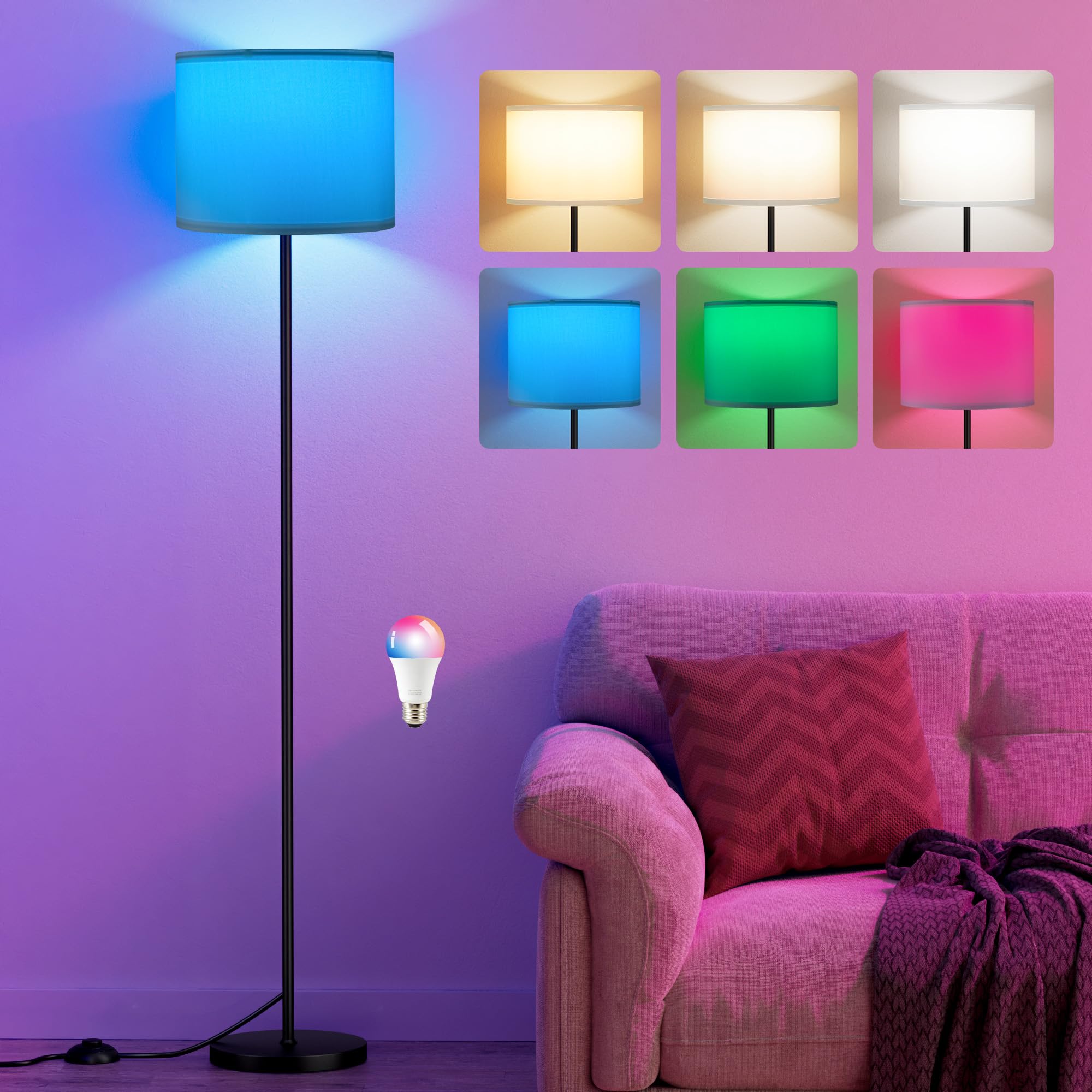 Ambimall Floor Lamp with Smart Light Bulb, RGB & Dimmable, 60 inches, Metal, White Shade & Black Pole, Model RPT-ZGB126
