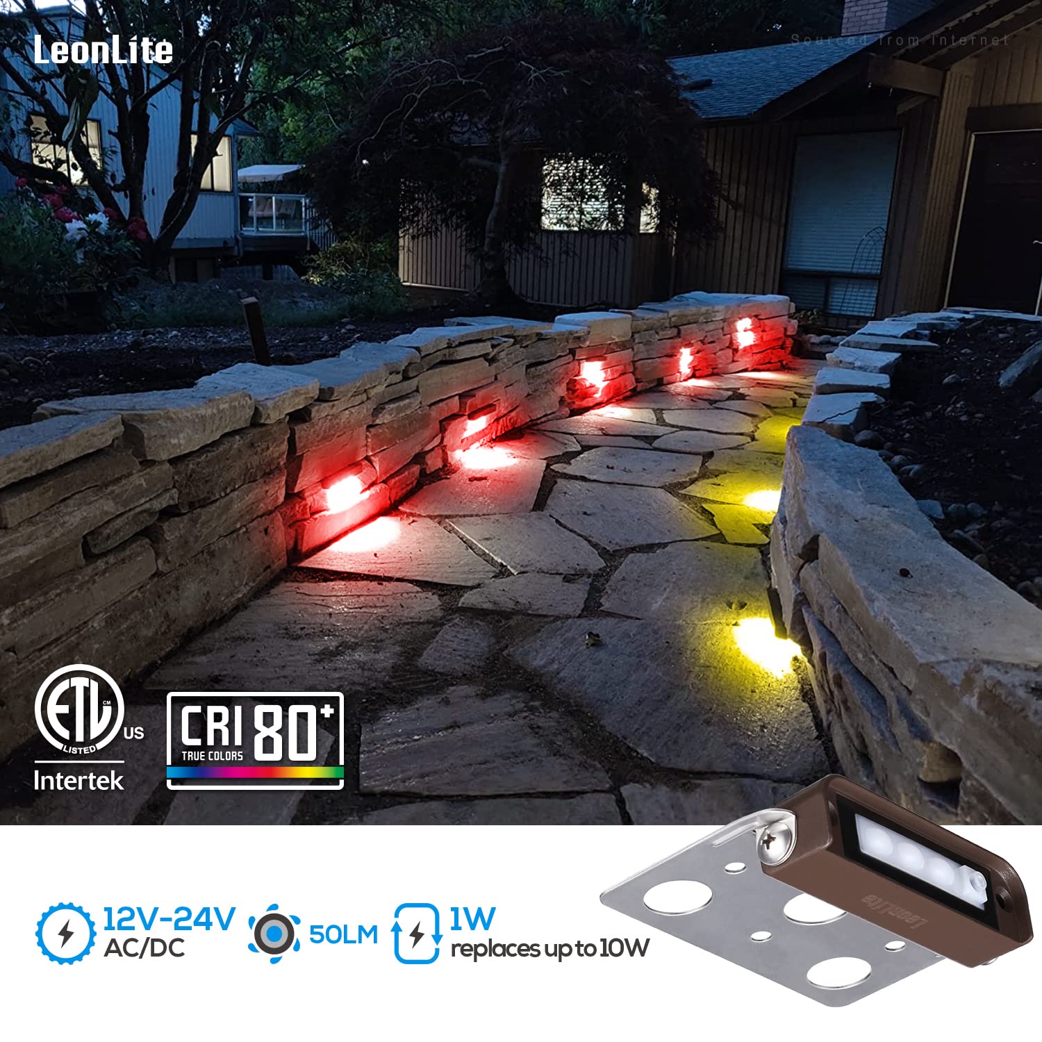 LEONLITE 4 Inch RGB Hardscape Lighting - 8-Pack Low Voltage LED Retaining Wall Lights, Aluminum, Model A-62123, ETL Listed