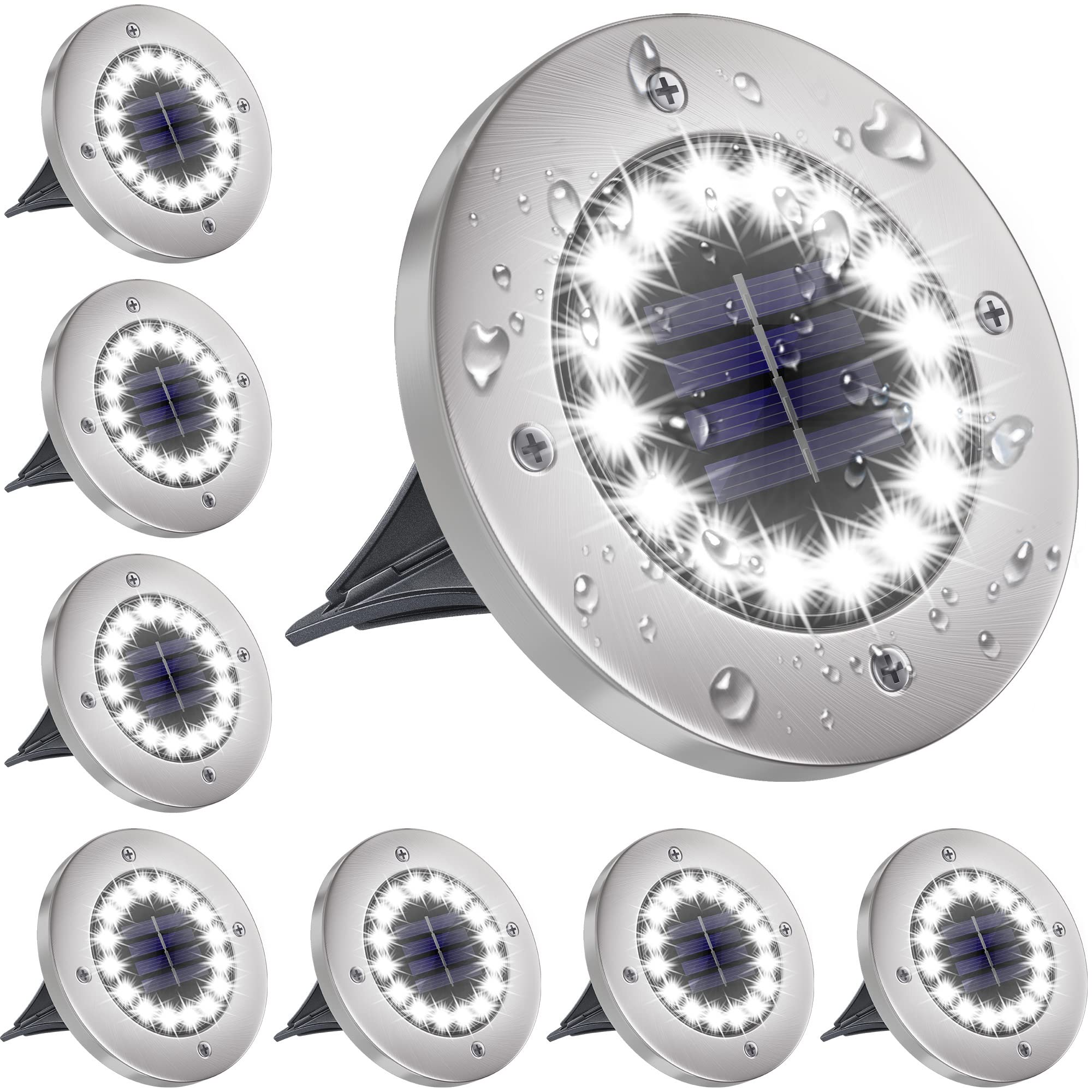 Nfesolar Solar Ground Lights - 16 Led Waterproof Disk Lights, 8 Pack, White For Pathway, Garden, Yard, Lawn, Driveway