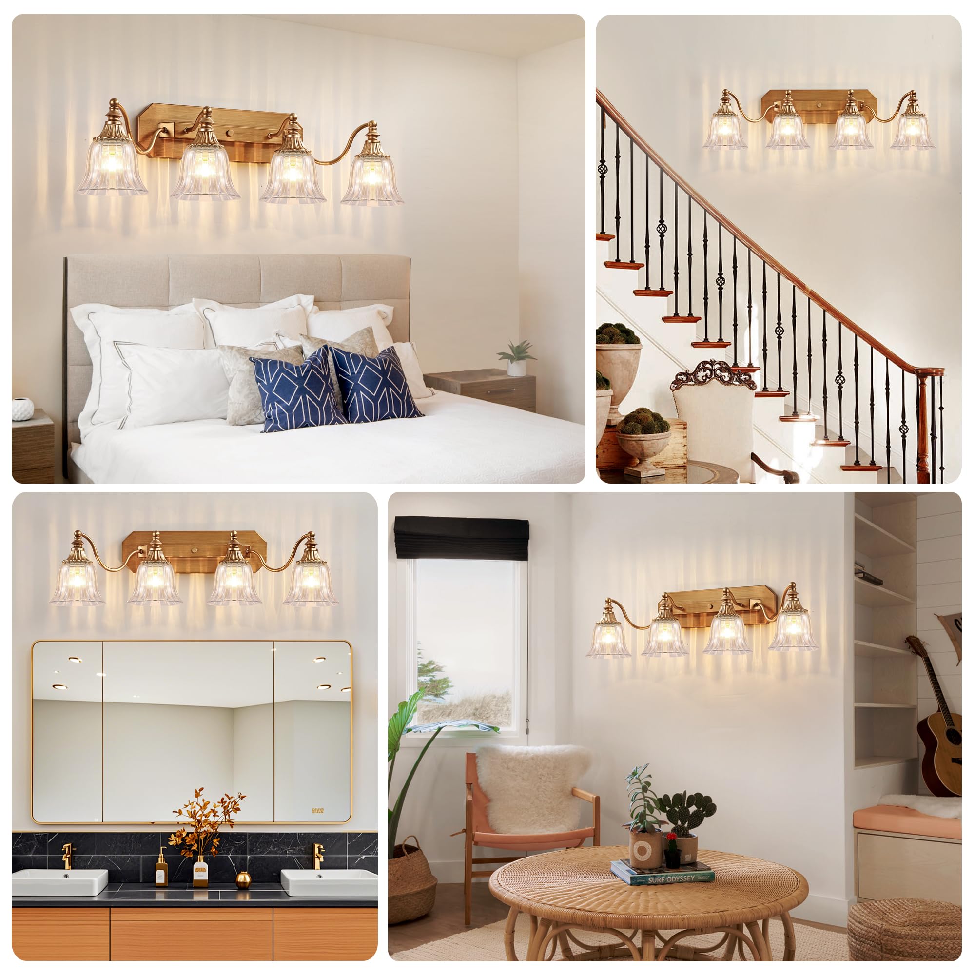 DvmTeom 4-Light Gold Vintage Bathroom Vanity Light Fixture, Antique Brushed Gold with Crystal Glass Shade, Model D6001