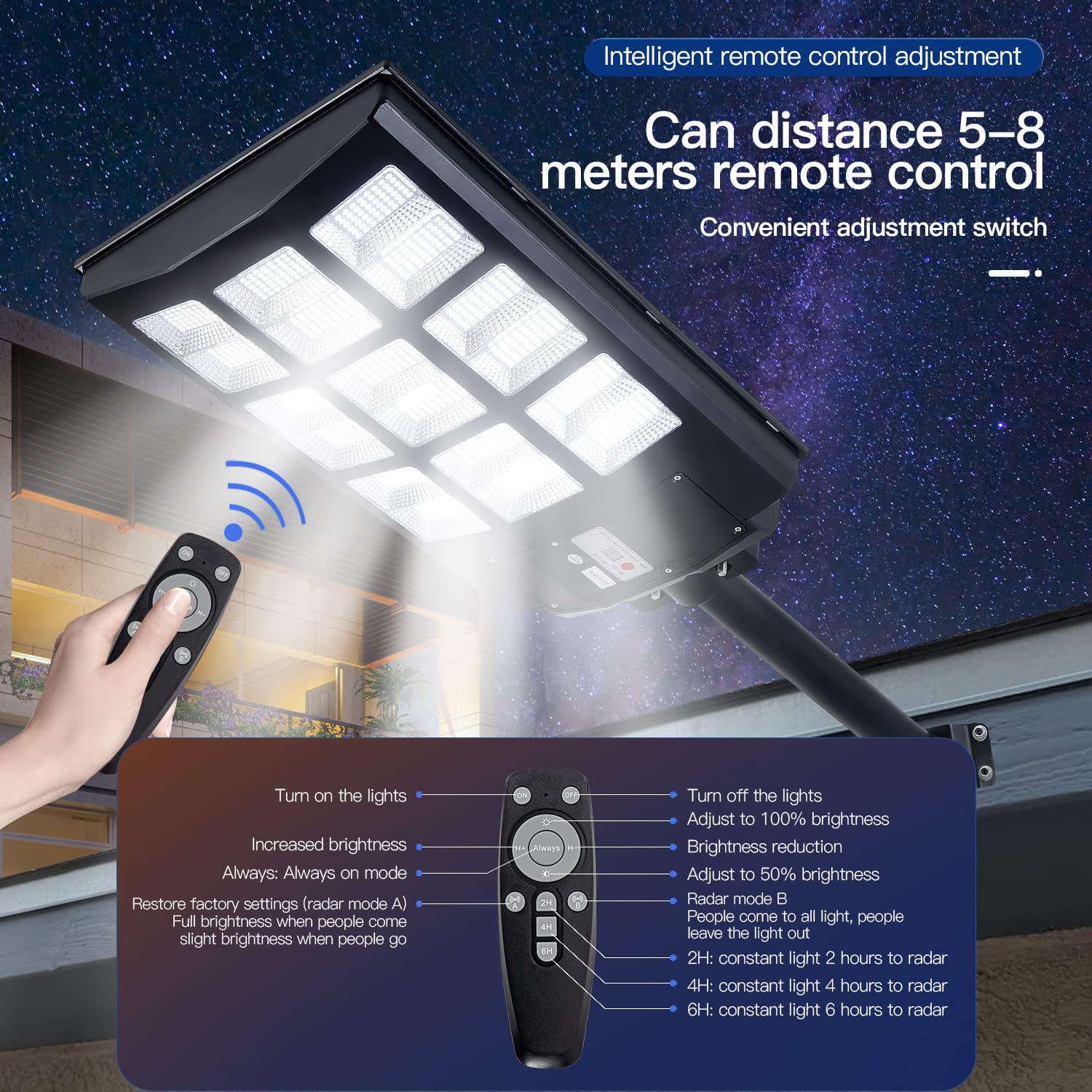 Vikrami Solar Street Lights Outdoor, IP67 Waterproof Wall-Mounted LED Flood Light with Motion Sensor & Remote Control - Auto Dus